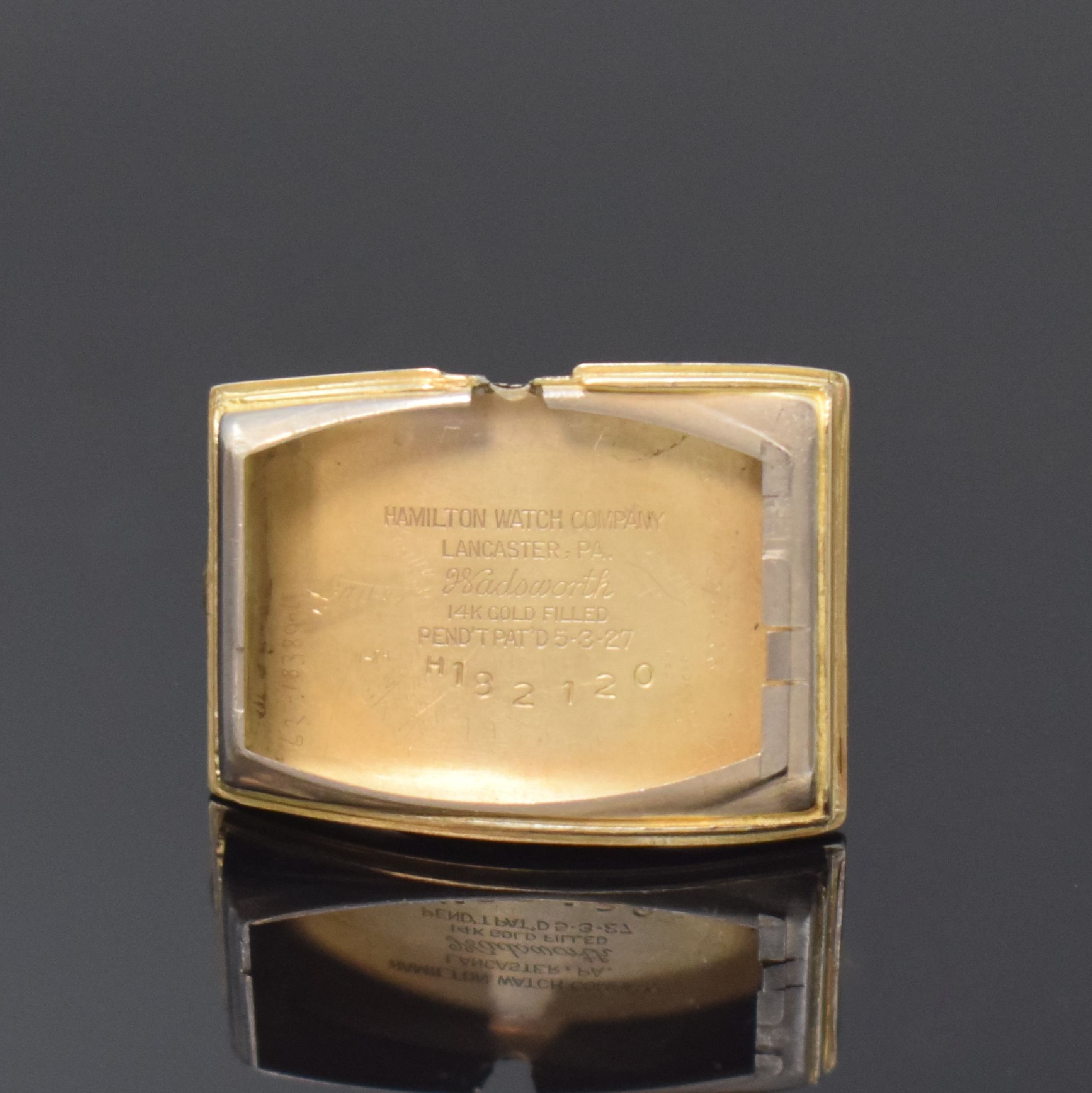 Detail e: HAMILTON Brooke seltene asymmetrische Armbanduhr in 14k Goldfilled, USA um 1939, Handaufzug, 2-tlg. Geh., Boden m. Monogramm- Grav. aufgedr., silb. ...