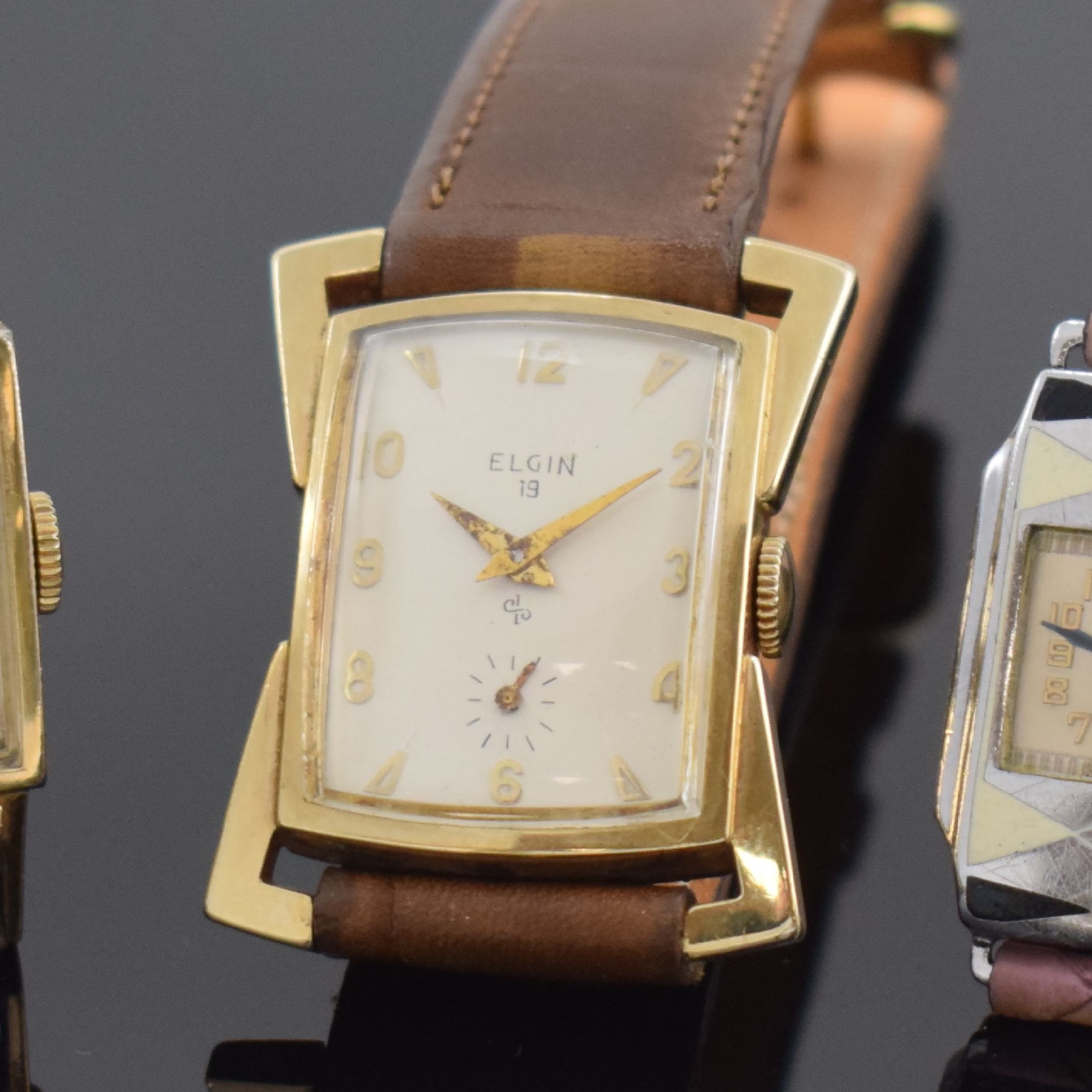 Detail b: ELGIN / GALMOR 3 Armbanduhren, USA um 1930 - 1950, Handaufzug, 1) LORD ELGIN, 2-tlg. 14k gold-filled Geh., Boden aufgedr., silb. Zifferbl. pat., ...