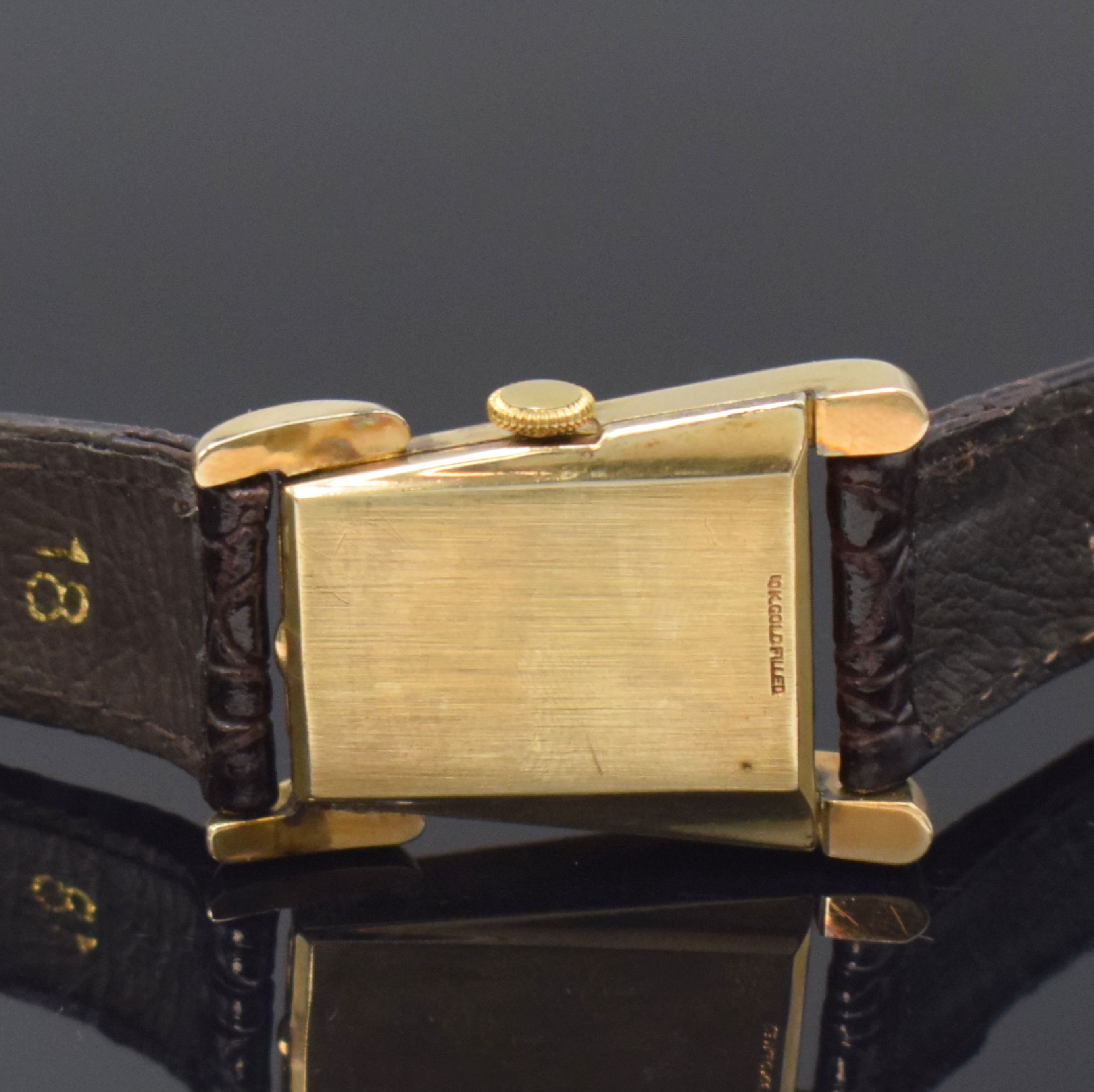 Detail c: Le COULTRE Grasshopper asymetrische Armbanduhr in 10k goldfilled, Schweiz USA um 1950, Handaufzug, 2-tlg. Trapez-förmiges Geh., Boden aufgedr., ...