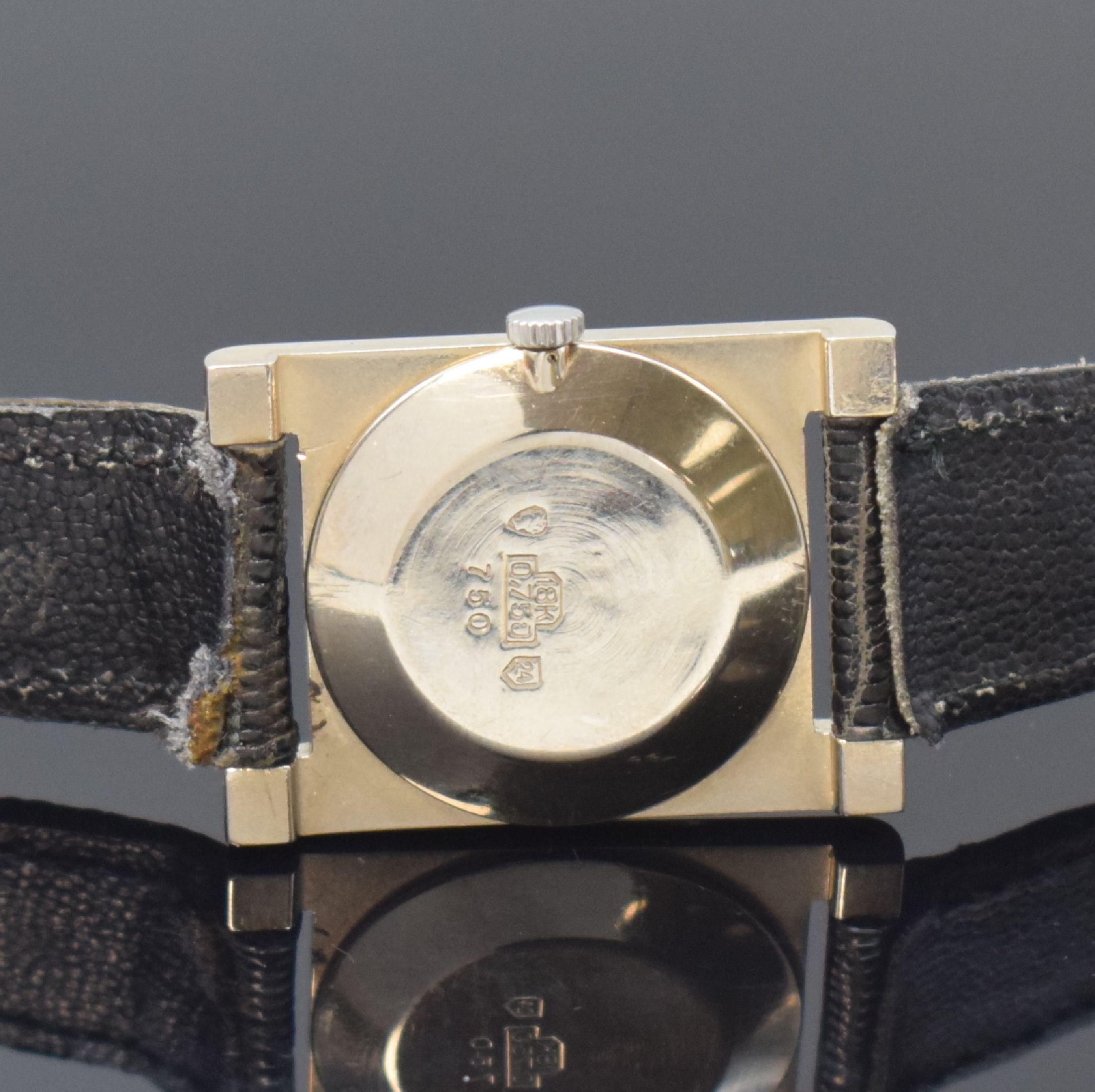 Detail c: JULES JÜRGENSEN elegante rechteckige Armbanduhr in WG 750/000, Schweiz um 1960, Handaufzug, 2-tlg. Geh., Boden aufgedr., silb. Zifferbl. fl., verg. ...