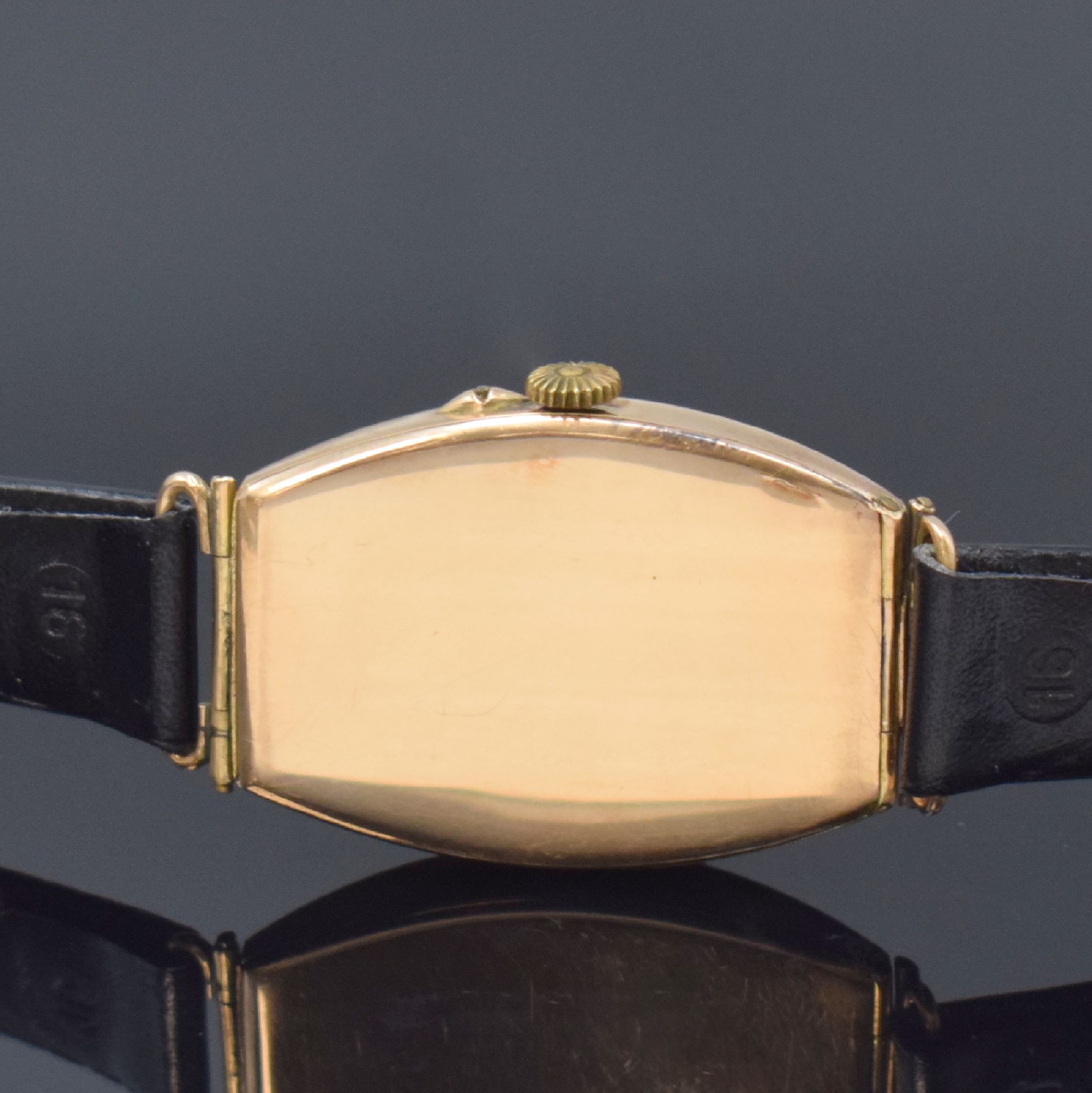 Detail b: HENRY MOSER große frühe Armbanduhr in RG 585/000, Schweiz / Russland um 1915, Handaufzug, Tonneauförmiges Scharniergeh. m. beweglichen Anstößen, ...