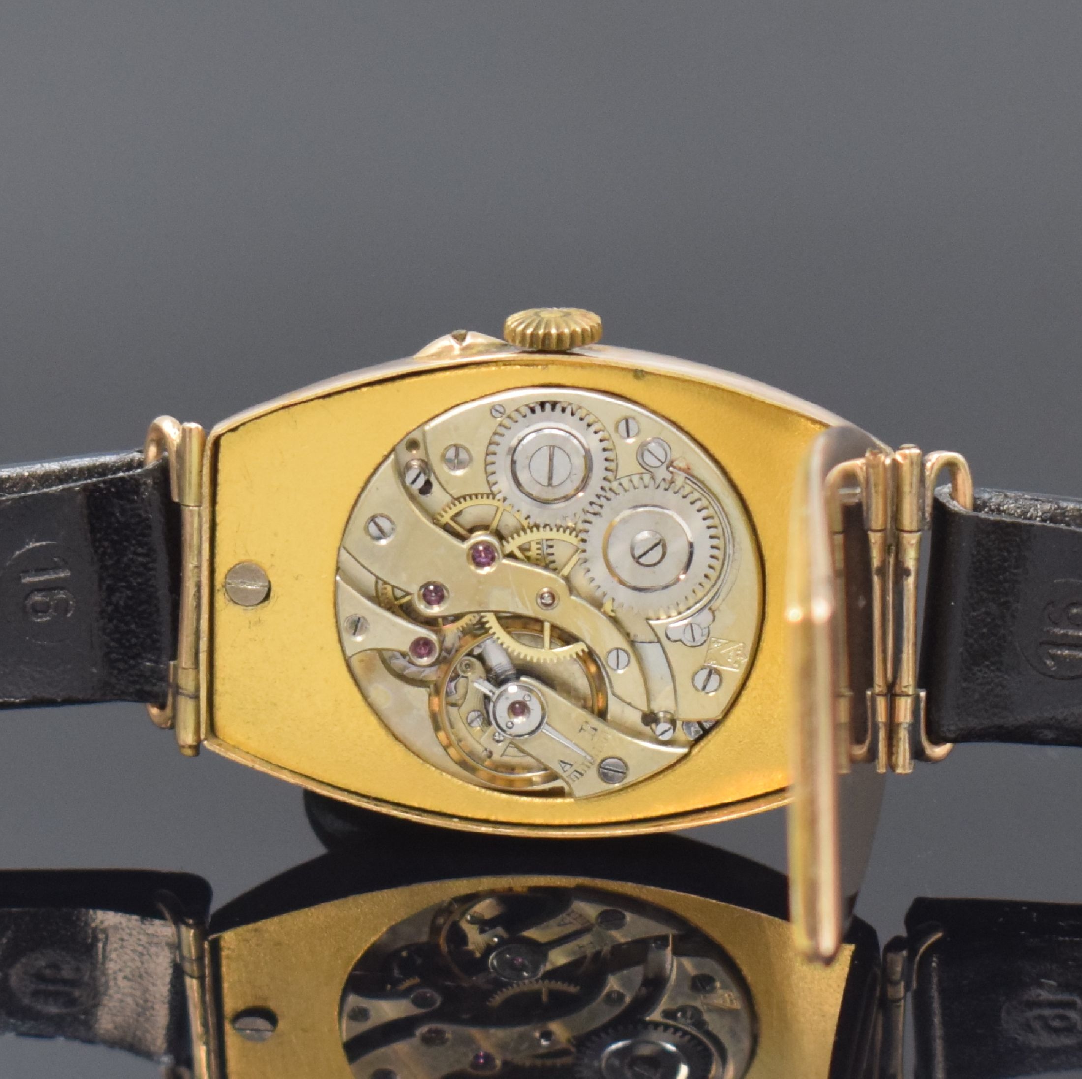 Detail c: HENRY MOSER große frühe Armbanduhr in RG 585/000, Schweiz / Russland um 1915, Handaufzug, Tonneauförmiges Scharniergeh. m. beweglichen Anstößen, ...