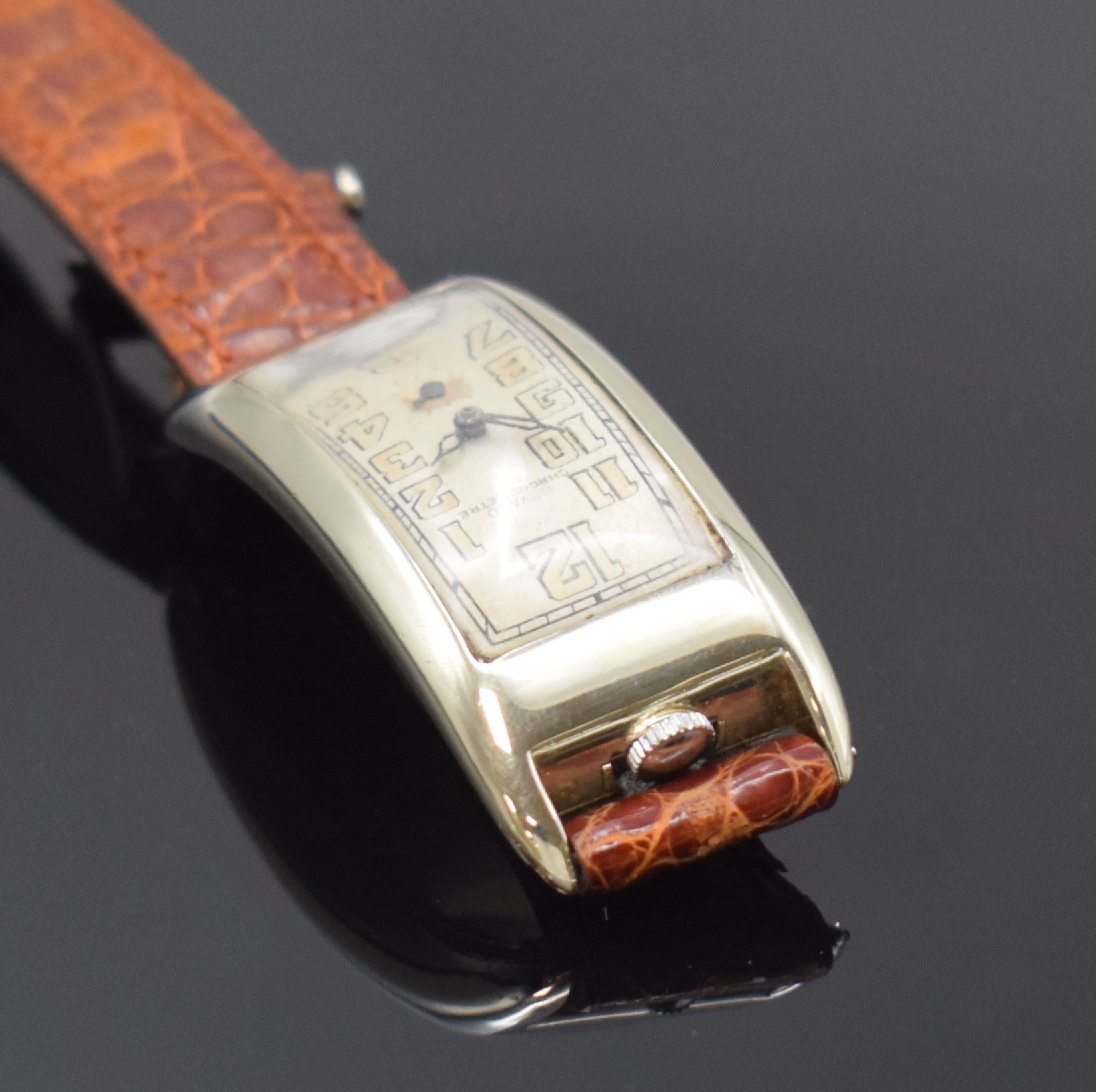 Detail c: MOVADO Polyplan Referenz 4009 seltene, große rechteckige Armbanduhr in WG 750/000, Schweiz um 1915, Handaufzug, stark gebogenes Scharniergeh., silb. ...