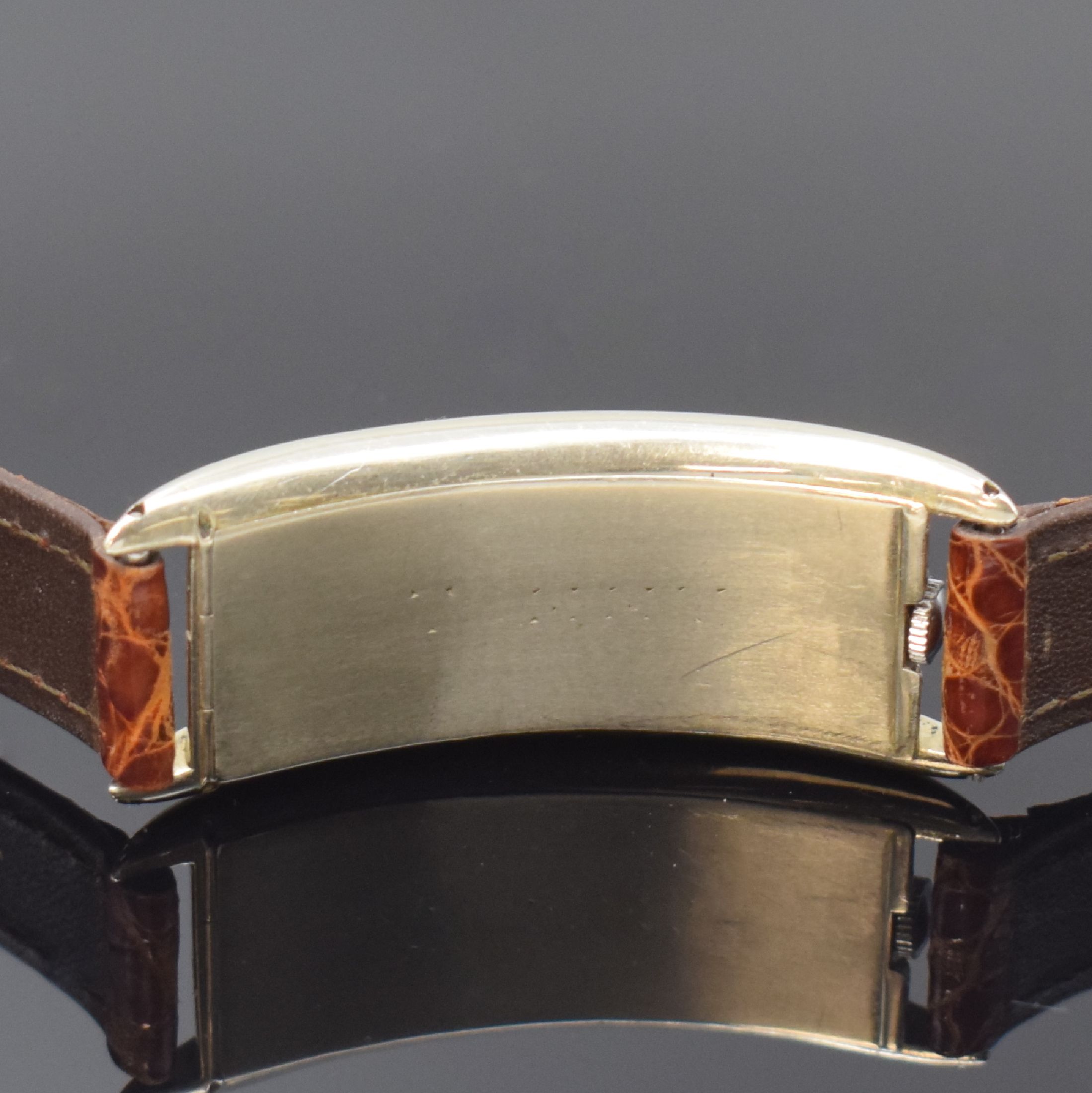 Detail d: MOVADO Polyplan Referenz 4009 seltene, große rechteckige Armbanduhr in WG 750/000, Schweiz um 1915, Handaufzug, stark gebogenes Scharniergeh., silb. ...