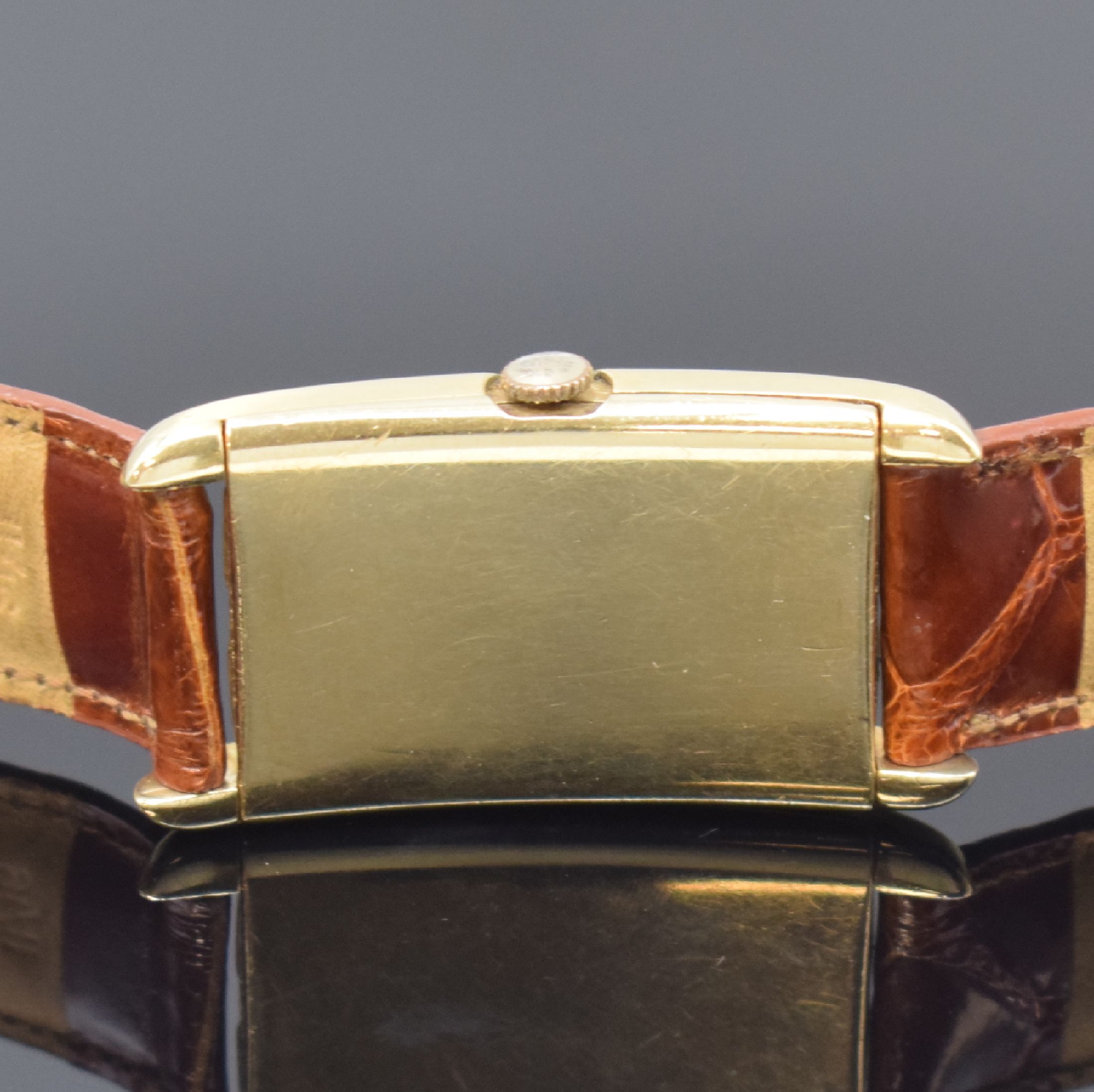 Detail c: MOVADO rechteckige Armbanduhr Referenz 41819 in GG 585/000, Schweiz / USA um 1935, Handaufzug, 2-tlg. USA-Geh., Boden aufgedr., silb. Zifferbl. ...