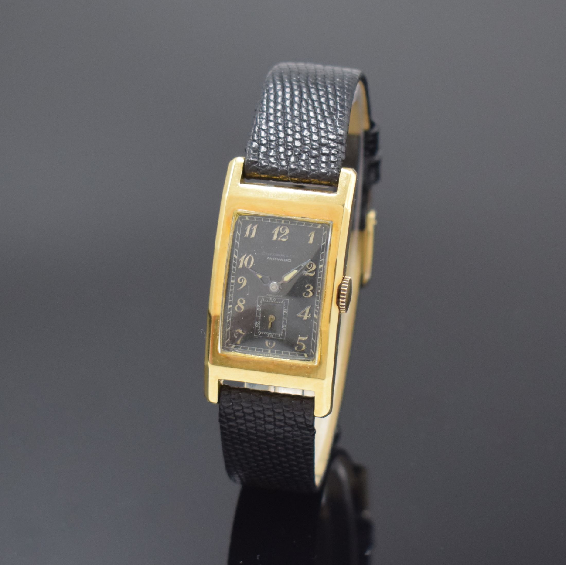 MOVADO Chronometre rechteckige Armbanduhr Referenz 1808 in GG 750/000, Schweiz um 1935, Handaufzug, Scharniergeh., Scharnier zu rep., schwarzes ...