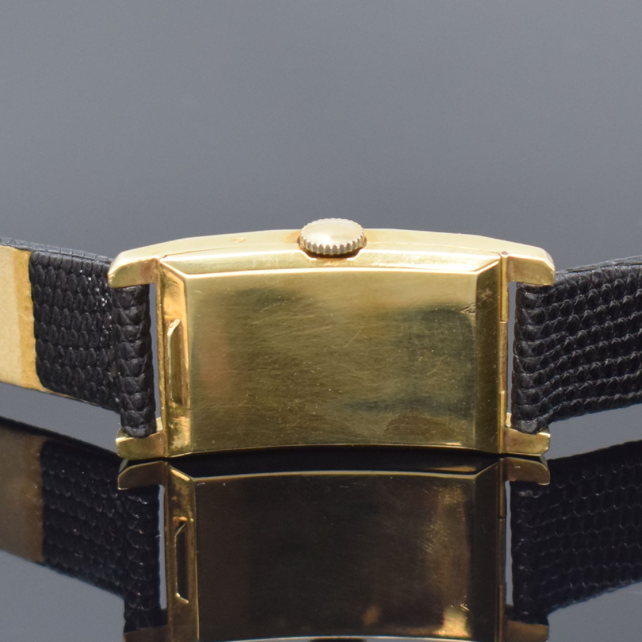 Detail c: MOVADO Chronometre rechteckige Armbanduhr Referenz 1808 in GG 750/000, Schweiz um 1935, Handaufzug, Scharniergeh., Scharnier zu rep., schwarzes ...