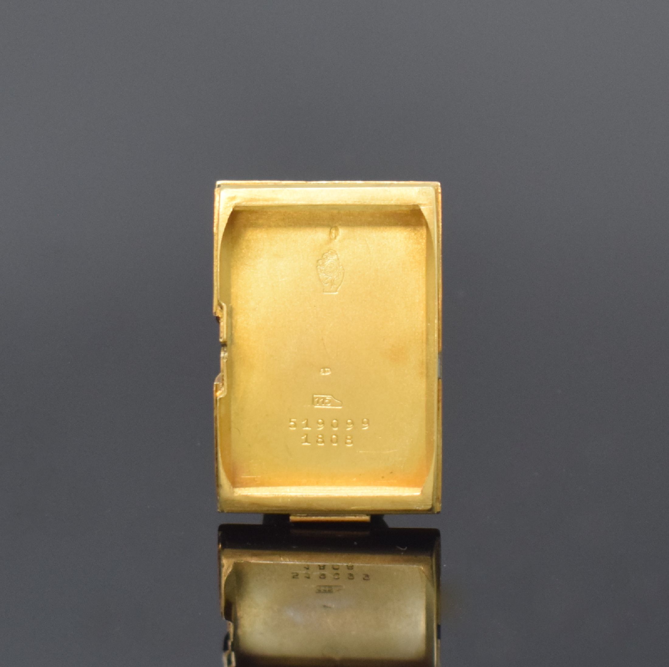 Detail e: MOVADO Chronometre rechteckige Armbanduhr Referenz 1808 in GG 750/000, Schweiz um 1935, Handaufzug, Scharniergeh., Scharnier zu rep., schwarzes ...