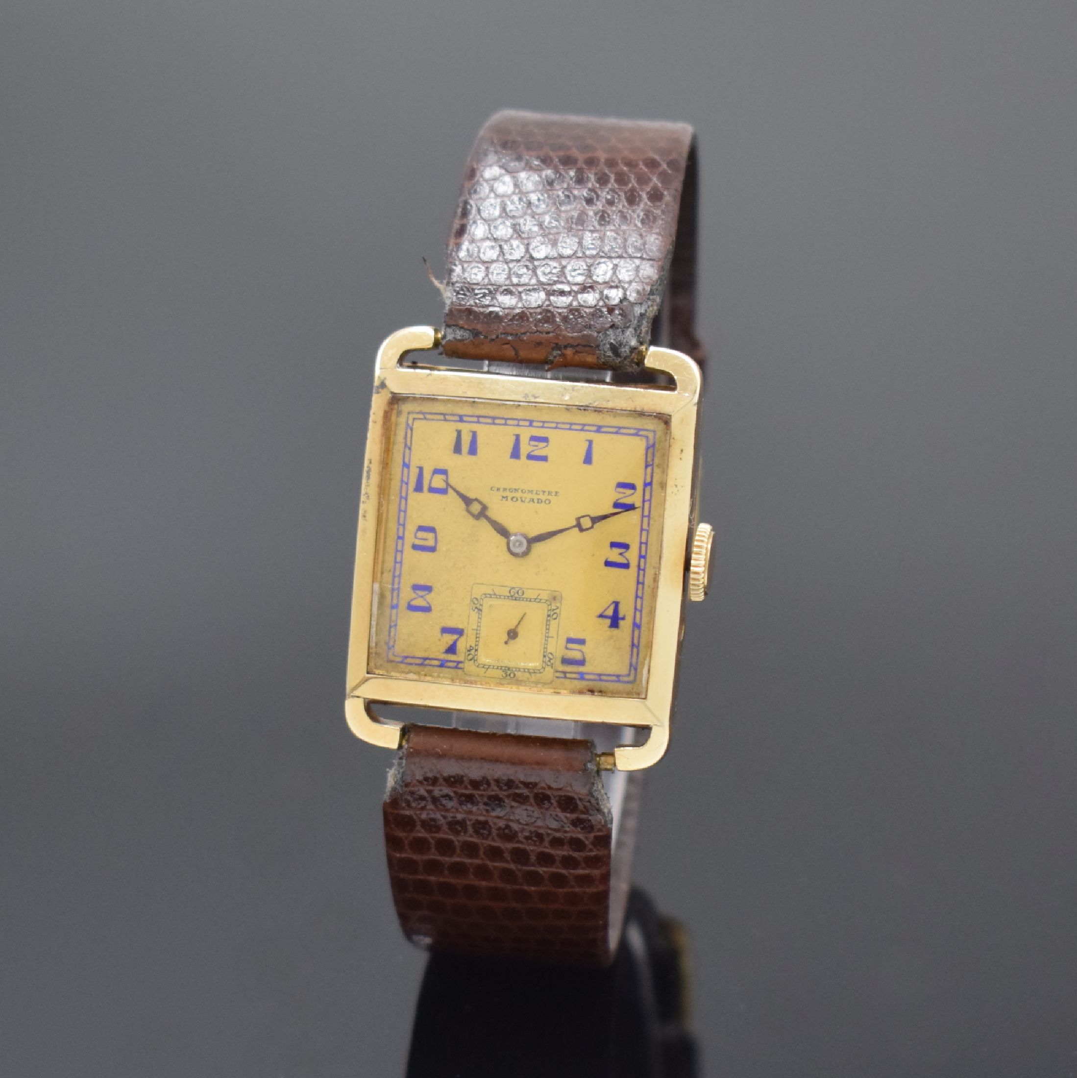 MOVADO Chronometre frühe, quadratische Armbanduhr Referenz 45021 in GG 585/000, Schweiz um 1925, Handaufzug, Scharniergeh. m. ausgefallenen ...