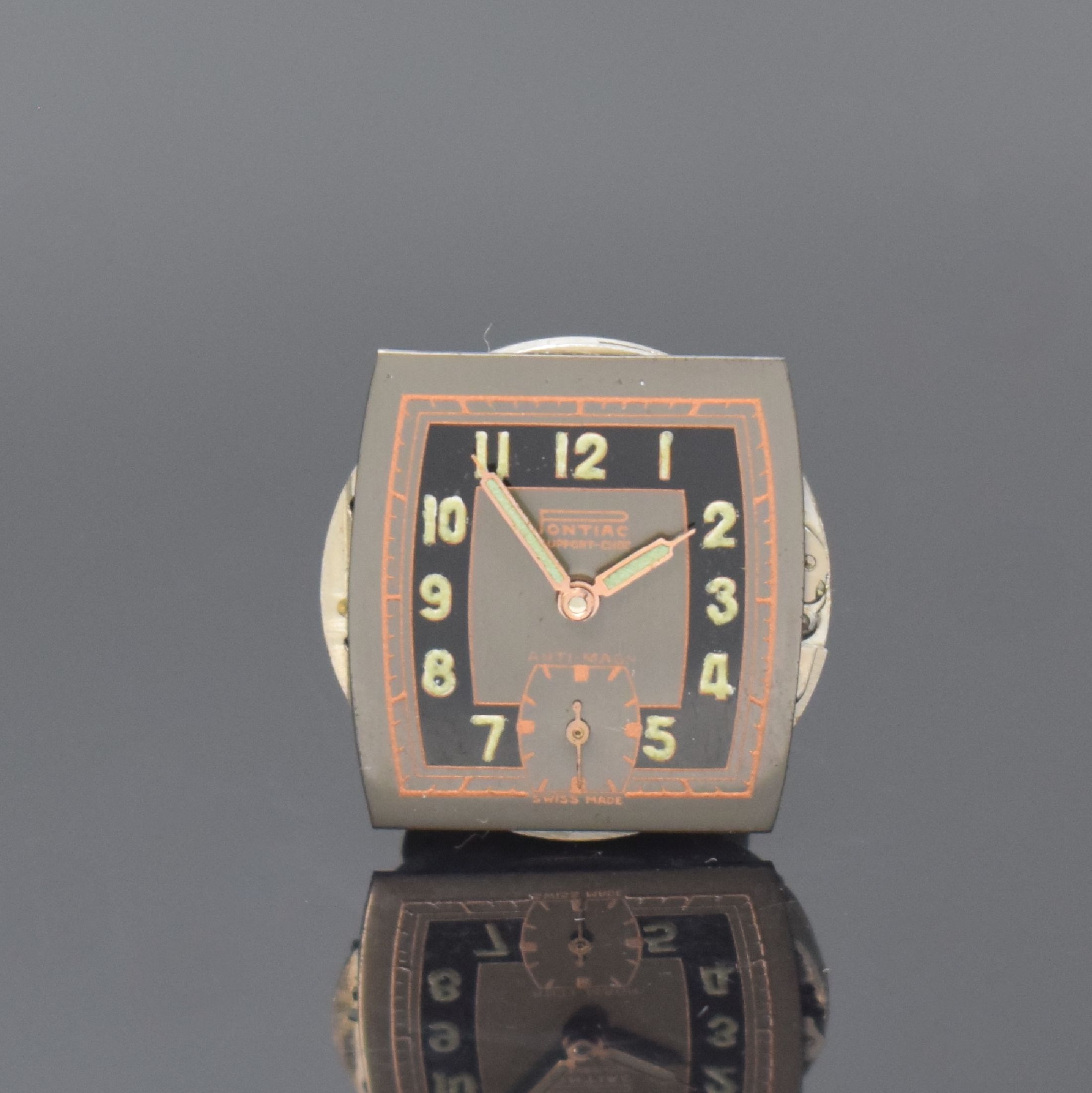 Detail h: PONTIAC 2 verchromte Armbanduhren, Schweiz um 1940, Handaufzug, tonneau-förm. Geh., 1 x Scharniergeh., silb. Zifferbl., 1 x aufgedr. Stahlboden, ...