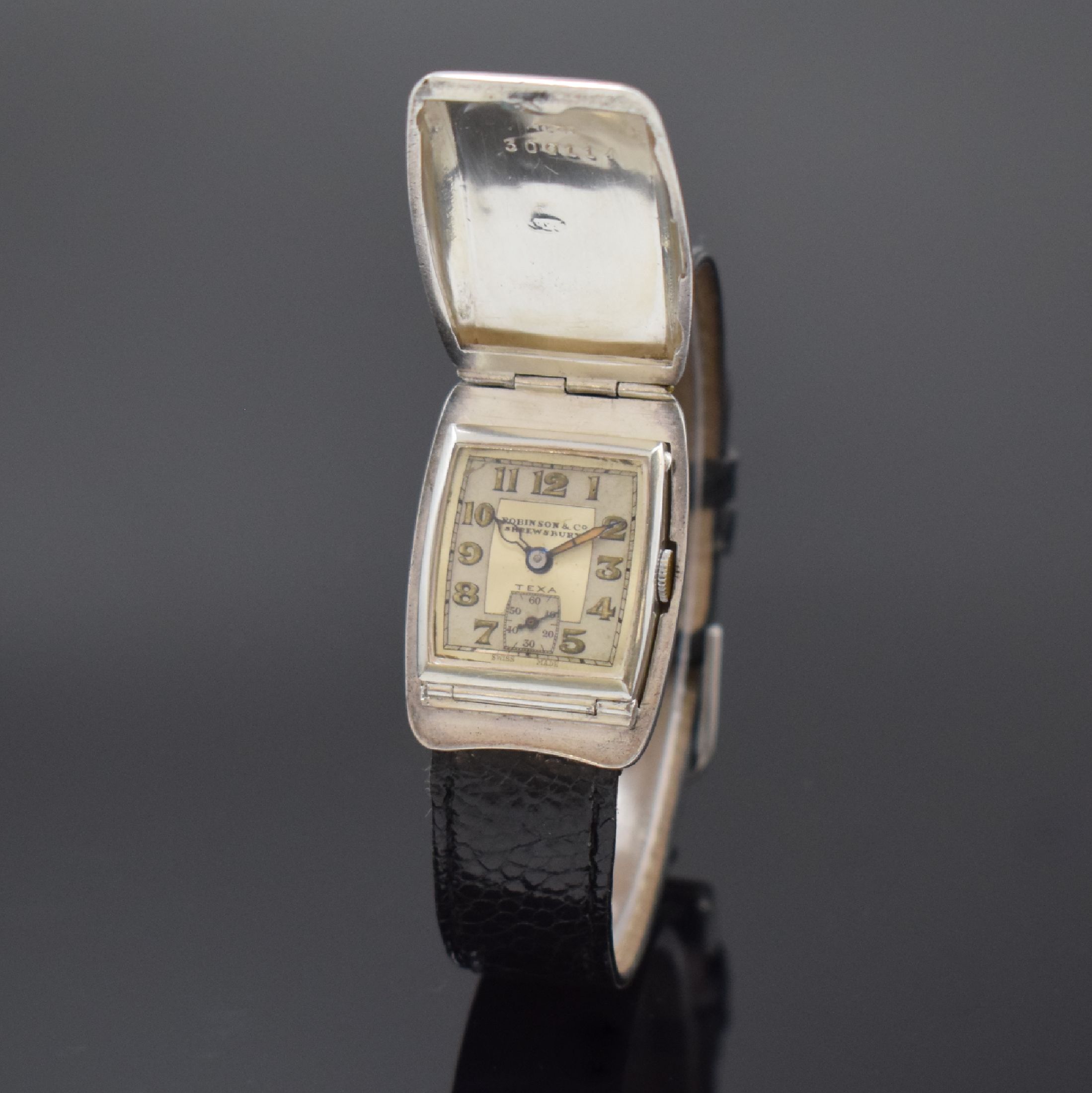 ROBINSON & Co / TEXA ausgefallene Savonette- Armbanduhr in Sterlingsilber, Schweiz um 1935, Handaufzug, tonneau-förm. Doppel- Scharniergeh., im ...