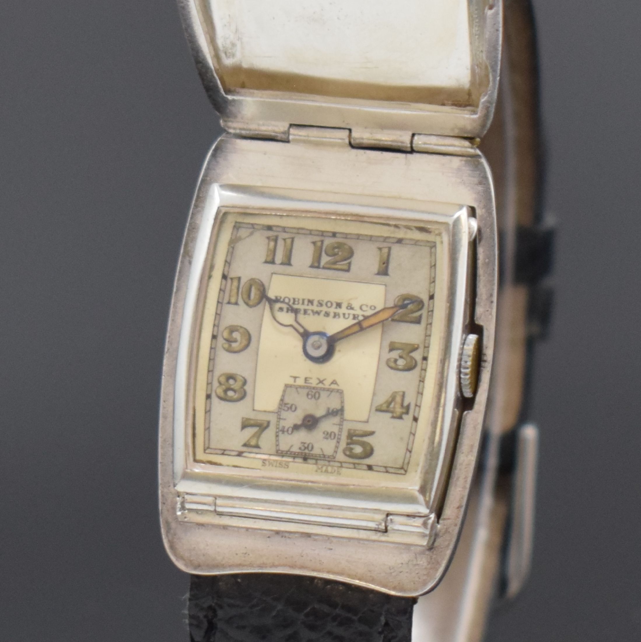 Detail a: ROBINSON & Co / TEXA ausgefallene Savonette- Armbanduhr in Sterlingsilber, Schweiz um 1935, Handaufzug, tonneau-förm. Doppel- Scharniergeh., im ...