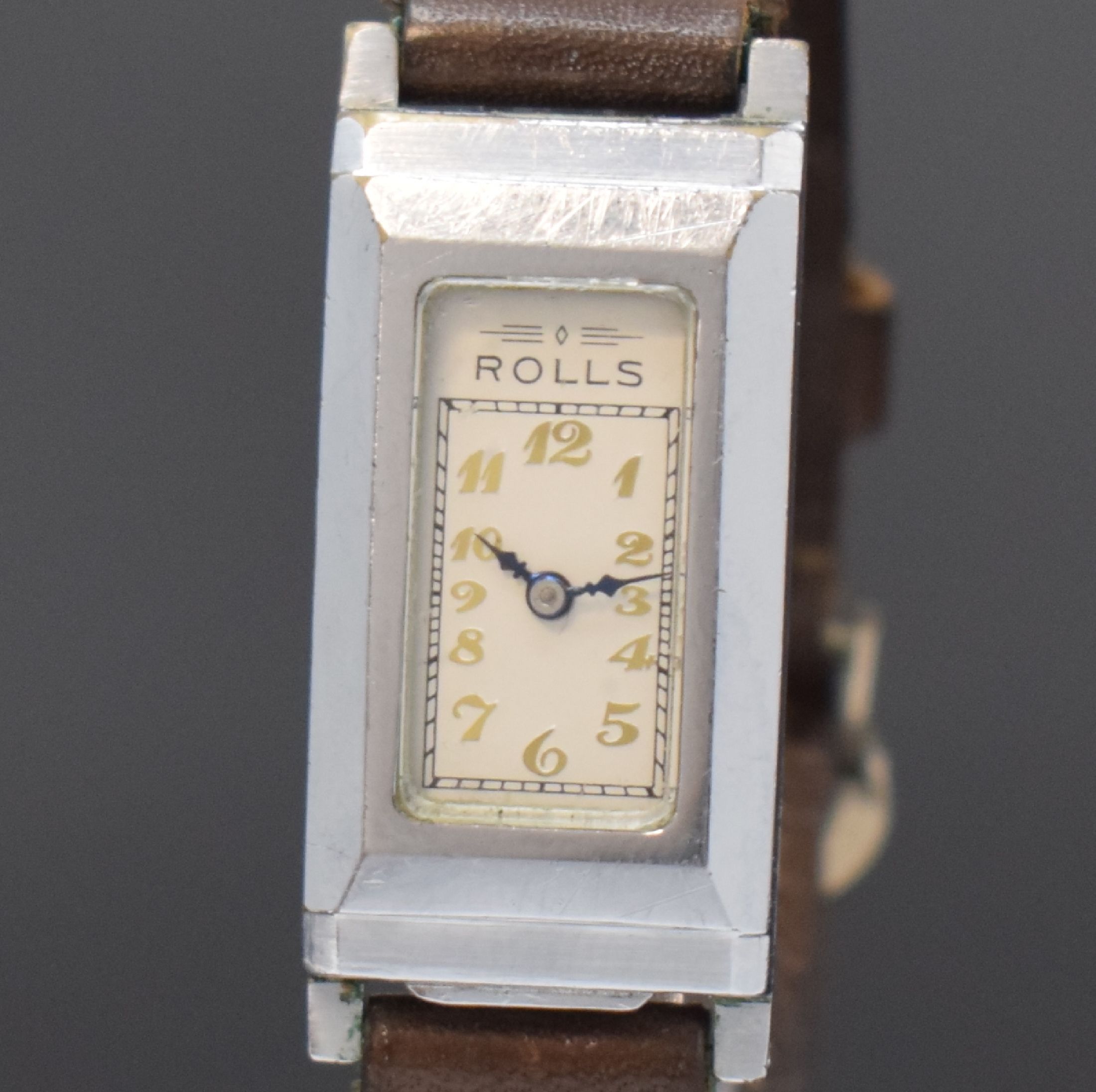 Detail a: ATO ROLLS / JULES RACINE frühe Automatik- Armbanduhr, Schweiz um 1930, rechteckiges Scharniergeh., verchromt, darin Rüttelkammer für das ...