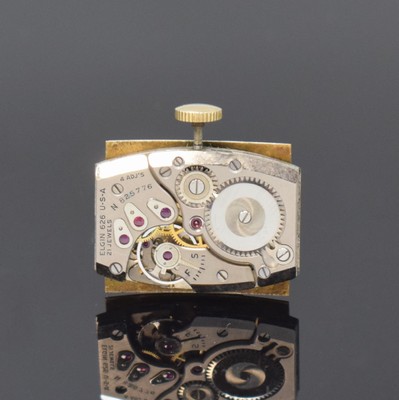 26727945d - LORD ELGIN rectangular 14k yellow gold wristwatch, USA around 1945, manual winding, two piece construction case, snap on case back with dedication engraving, silvered dial patinated, gilded Breguet numerals, gilded hands, nickel plated movement calibre 626, 21 jewels, 4 adjustments, measures approx. 37 x 23 mm, overhaul recommended at buyer's expense, condition 2-3, property of a collector