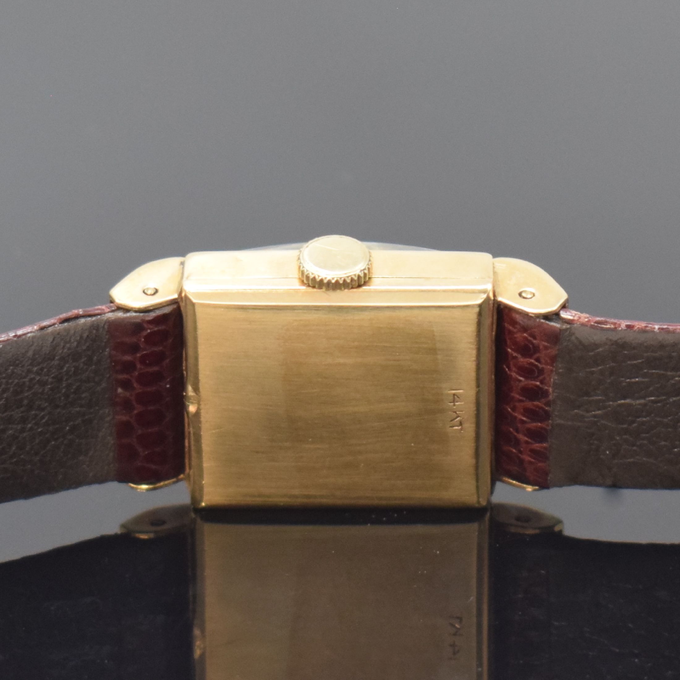 Detail c: THYME WATCH CORP rechteckige Armbanduhr in GG 585/000, USA / Schweiz um 1945, Handaufzug, 2-tlg. Geh. m. verdeckten Anstößen, silb. Zifferbl. bez. ...