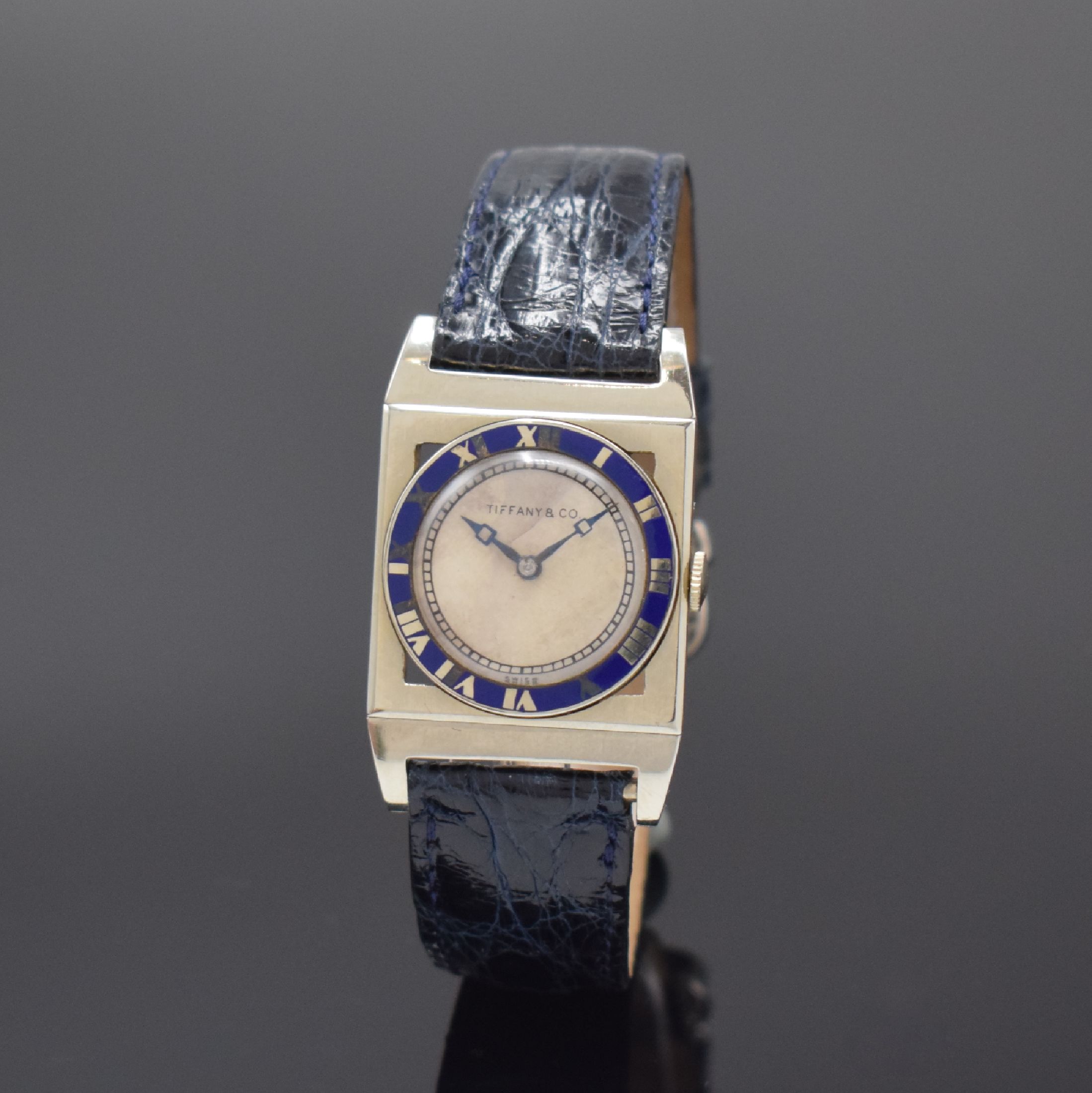 PAUL DITISHEIM seltene rechteckige Armbanduhr in 18k Weißgold, Schweiz / USA um 1930, Handaufzug, ausgefallenes Geh. im Stil der Piping Rock, Boden ...