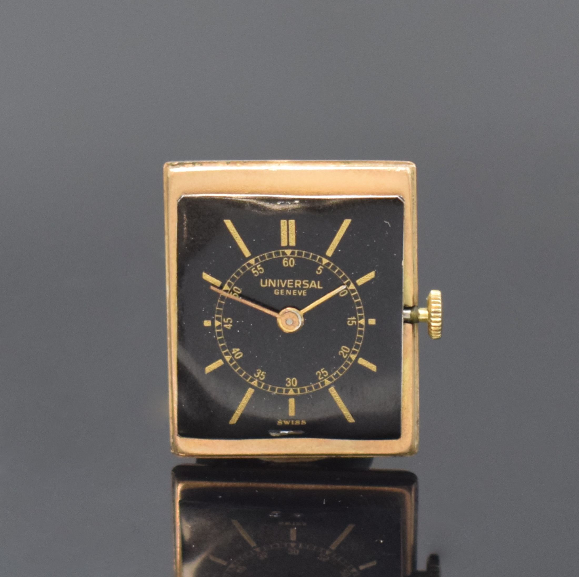Detail f: UNIVERSAL GENEVE rechteckige Armbanduhr in GG 375/000, Schweiz / England um 1935, Handaufzug, 2-tlg. Geh., Boden aufgedr., schwarzes Zifferbl. rest., ...