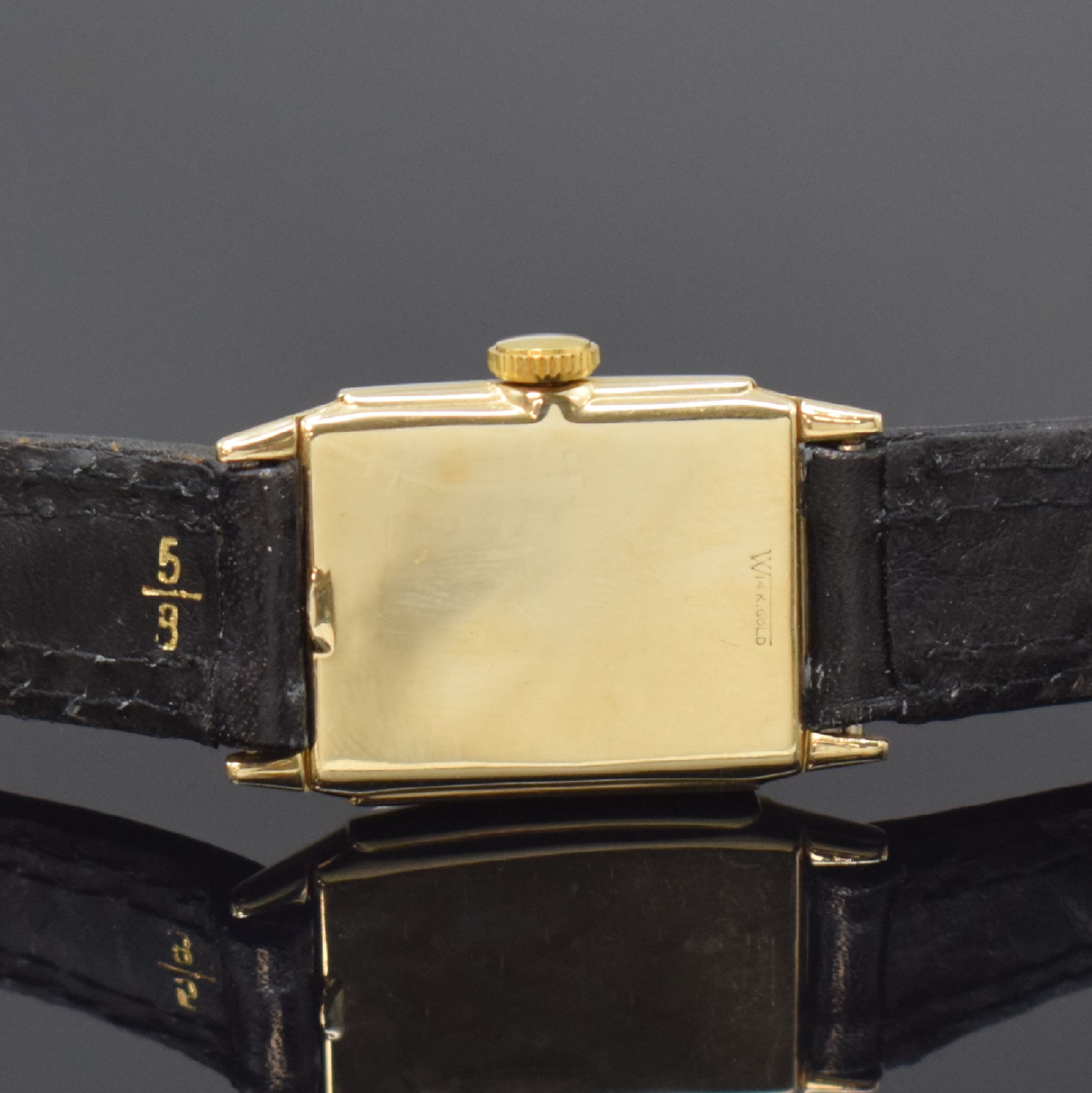 Detail b: WALTHAM Premier rechteckige GG 585/000 Armbanduhr, USA um 1940, Handaufzug, 2-tlg. Geh., Boden aufgedr., silb. Zifferbl., aufges. gold. Zahlen, gebl. ...