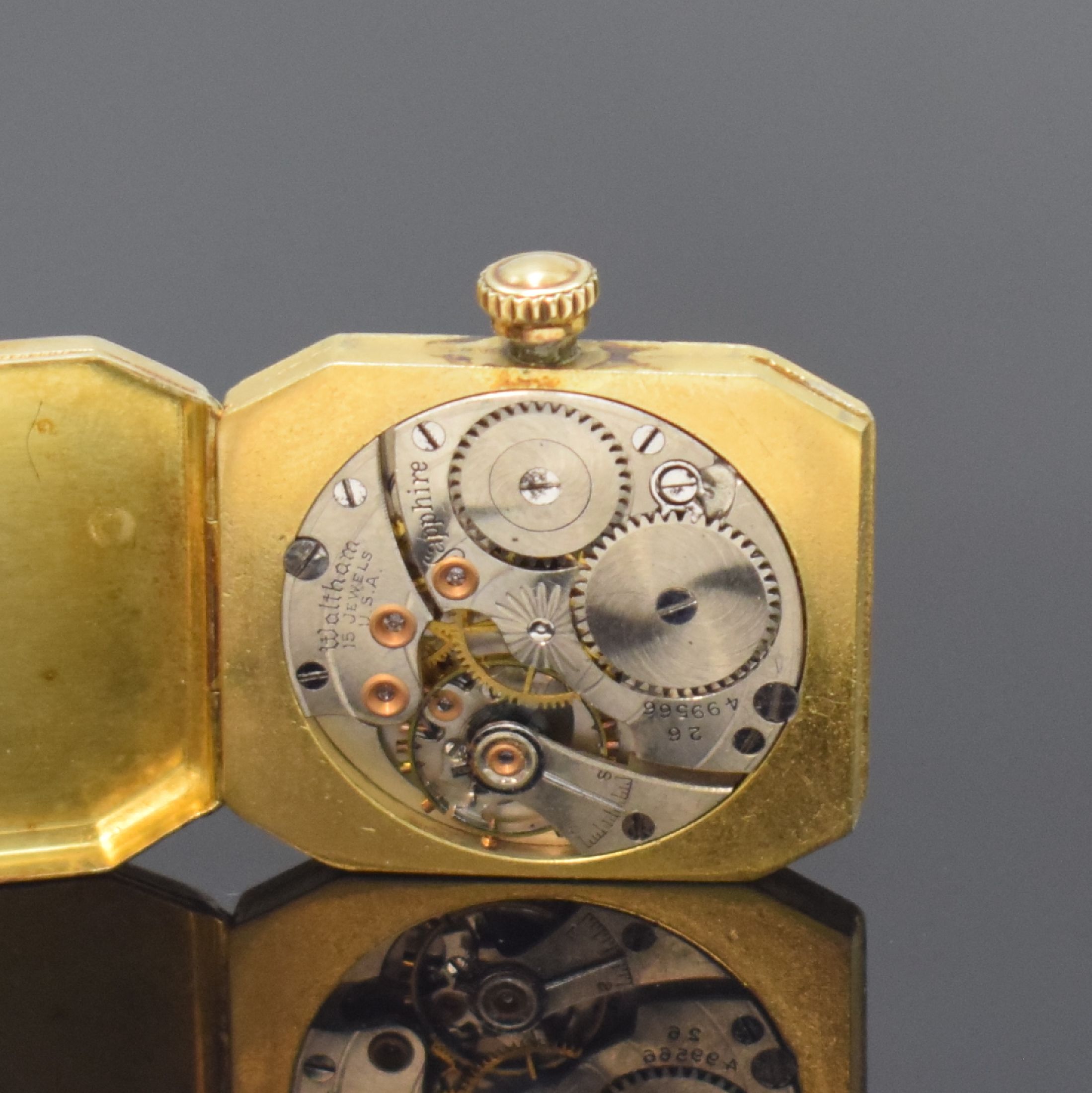 Detail e: WALTHAM frühe acht-eckige Armbanduhr in GG 585/000, USA um 1925, Handaufzug, Doppel- Scharniergeh., grav. Rand, schwarz. Zifferbl. rest., gold. ...