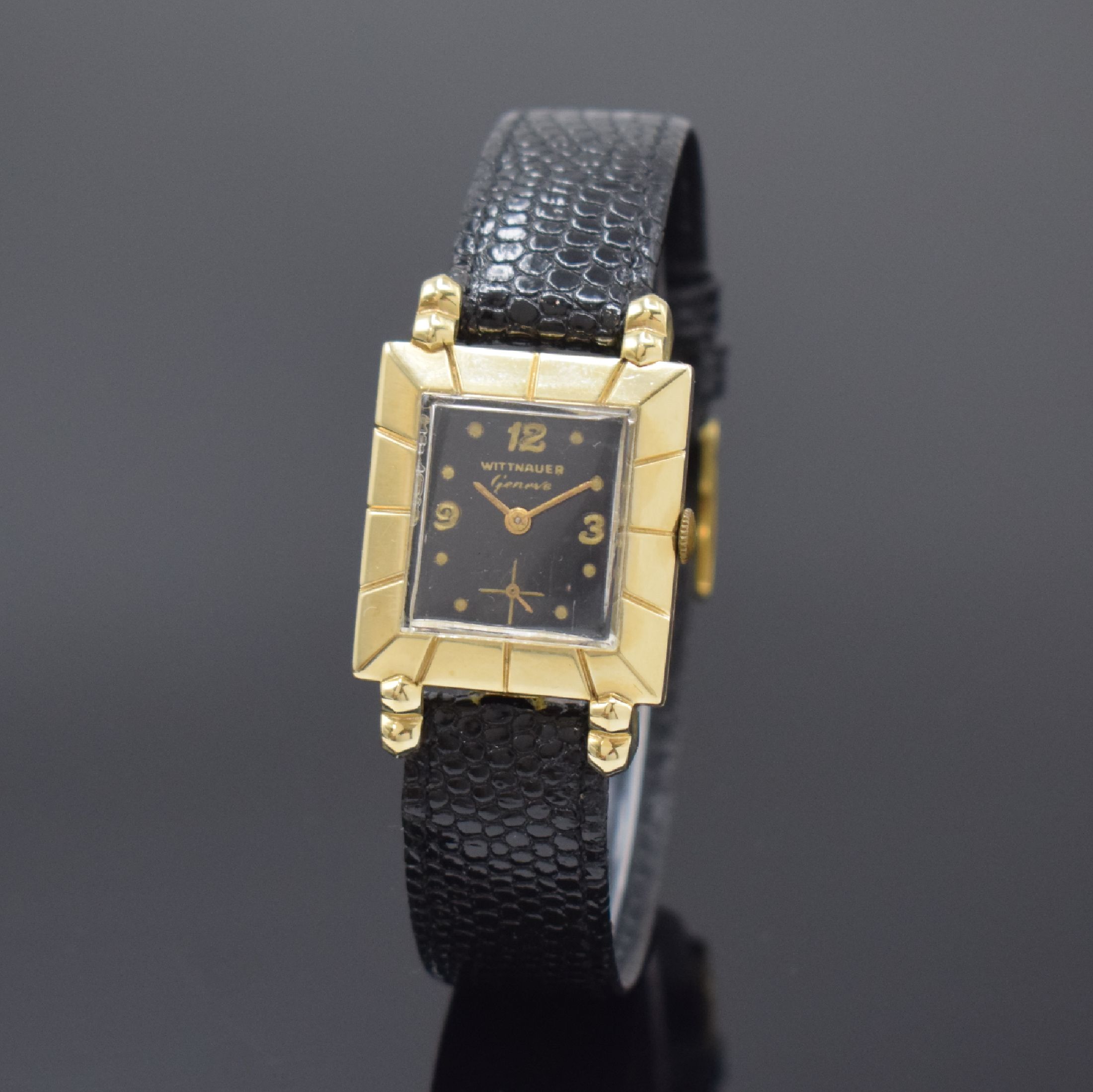 WITTNAUER rechteckige Armbanduhr in GG 585/000, USA / Schweiz um 1955, Handaufzug, 2-tlg. Geh., Boden aufgedr., Lunette m. grav. Std.-Indizes, ...