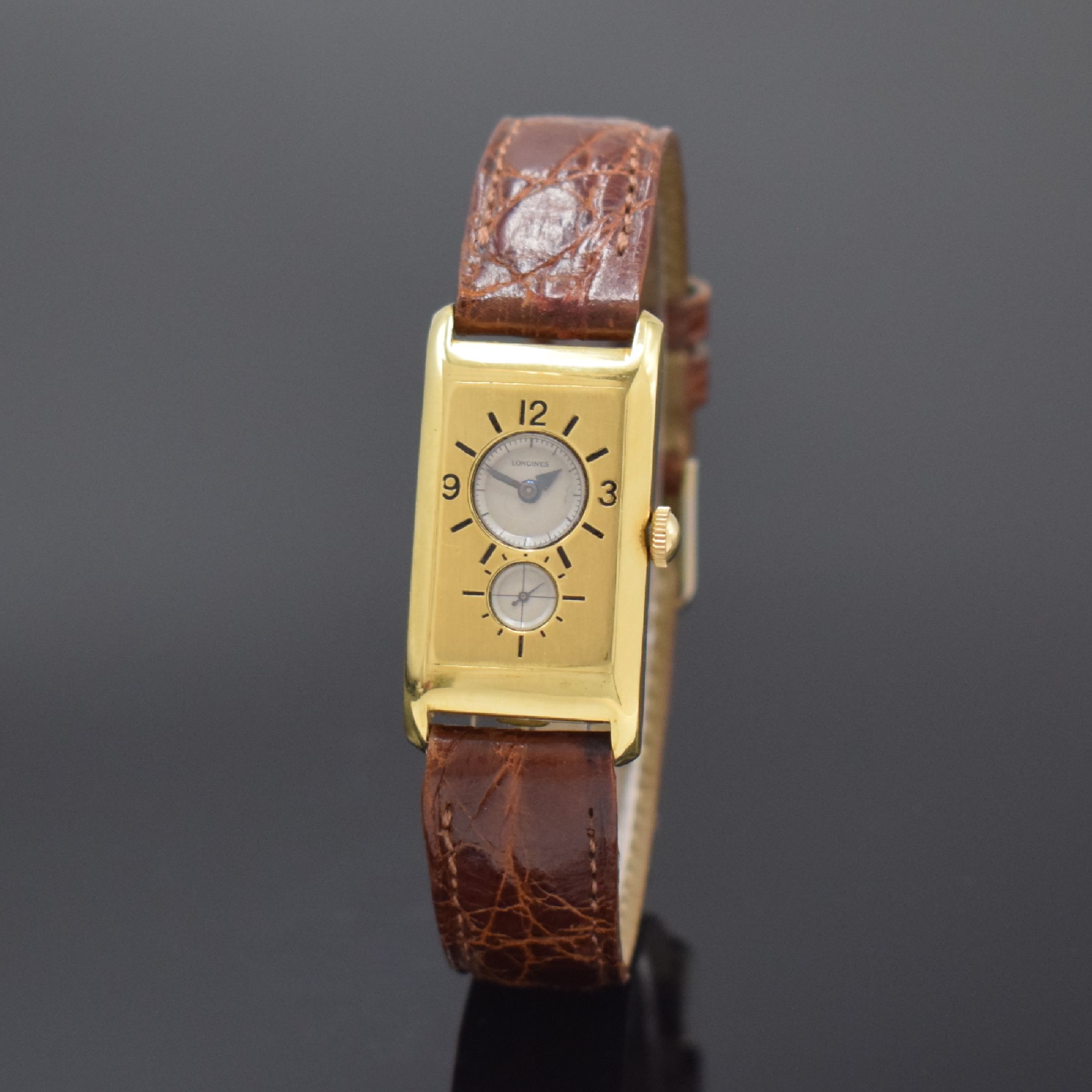 LONGINES Super Solo Doctors-Watch seltene rechteckige Armbanduhr in GG 750/000, Schweiz um 1934, Handaufzug, Scharniergeh. m. 2 runden Öffnungen f. ...