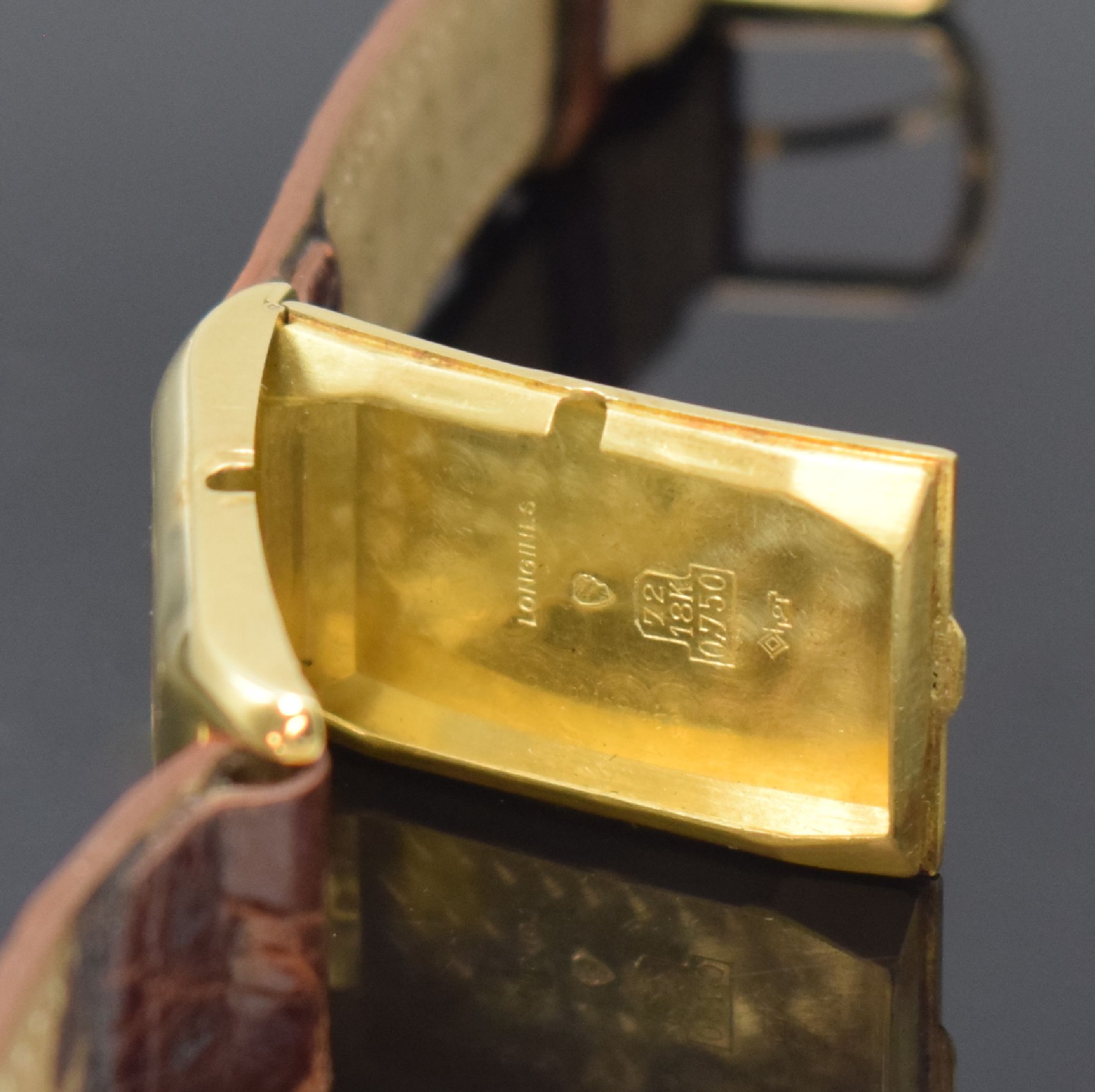 Detail d: LONGINES Super Solo Doctors-Watch seltene rechteckige Armbanduhr in GG 750/000, Schweiz um 1934, Handaufzug, Scharniergeh. m. 2 runden Öffnungen f. ...