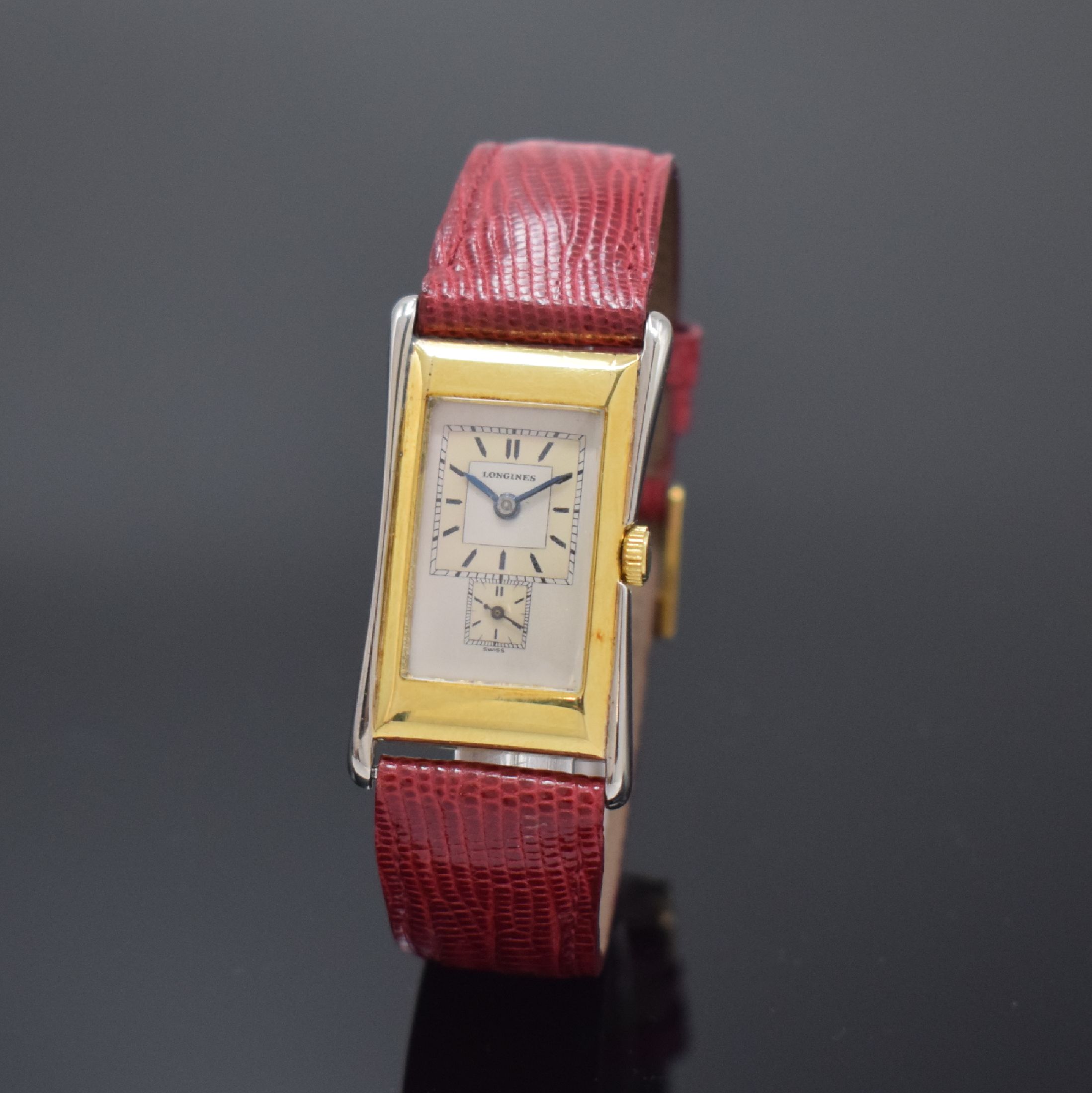 LONGINES Duo-Dial rechteckige Armbanduhr in GG/WG 750/000, Schweiz um 1938, Handaufzug, 2-tlg. GG-Geh. m. geschweiften Seiten in Weißgold, nicht ...