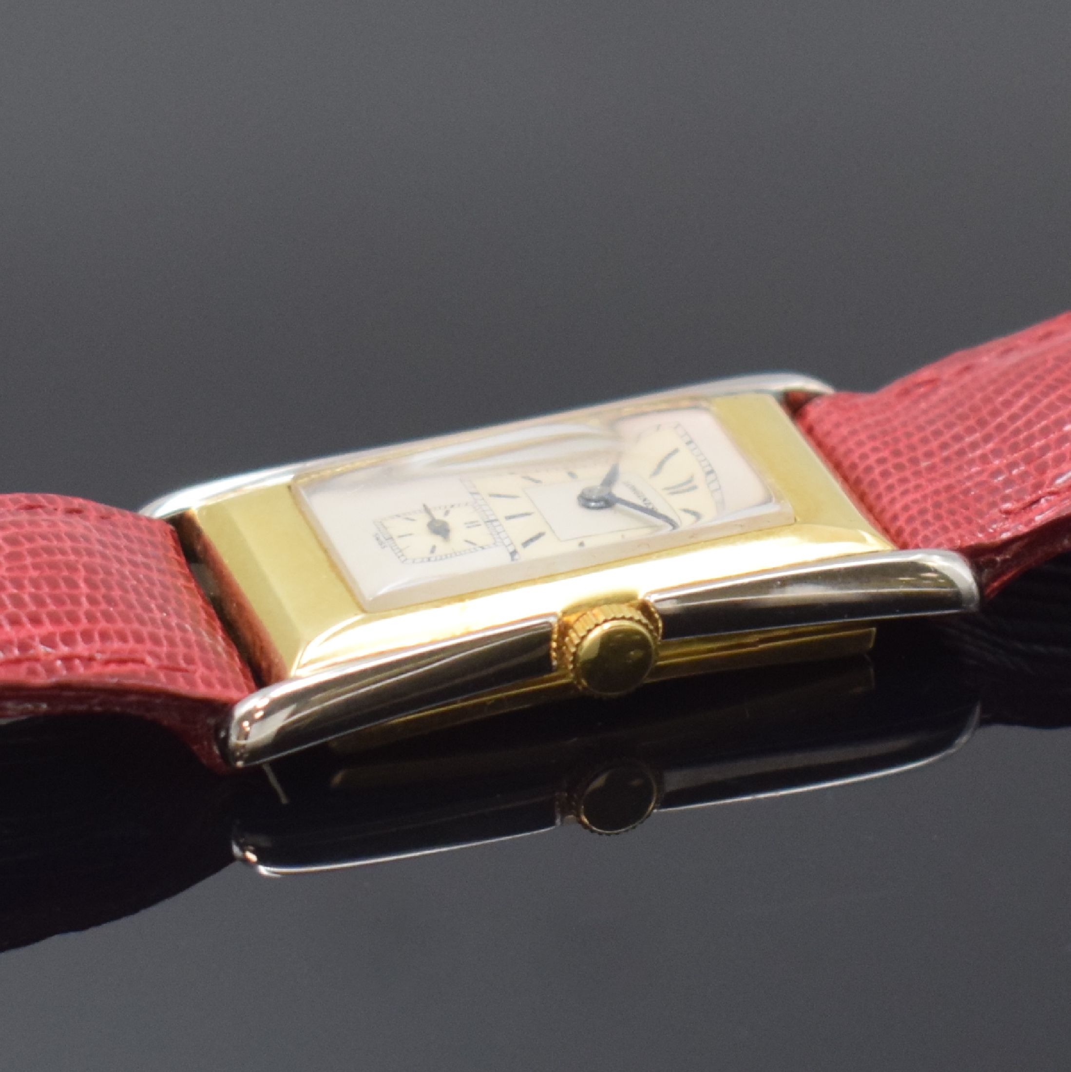 Detail b: LONGINES Duo-Dial rechteckige Armbanduhr in GG/WG 750/000, Schweiz um 1938, Handaufzug, 2-tlg. GG-Geh. m. geschweiften Seiten in Weißgold, nicht ...