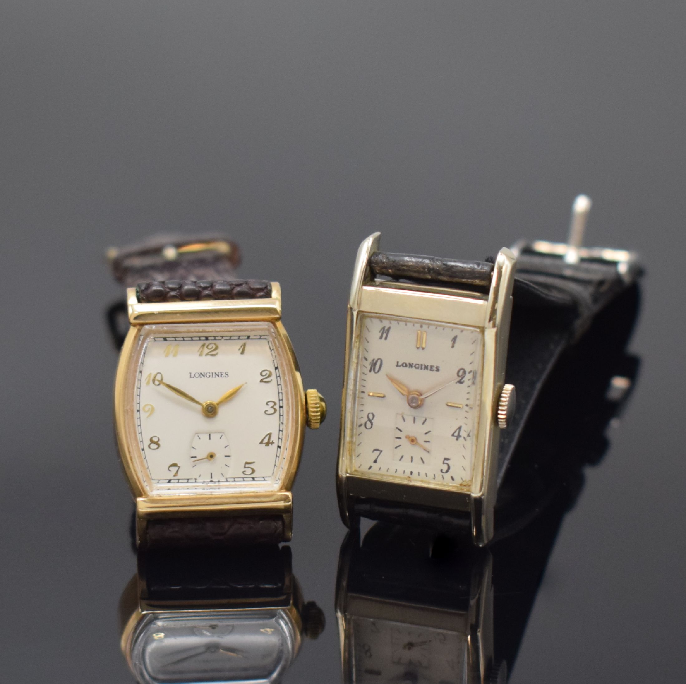 LONGINES 2 goldfilled Armbanduhren, Schweiz / USA um 1948, Handaufzug, 2-tlg. Geh., Böden aufgedr., silb. Zifferblätter rest., 1) rechteck., ...