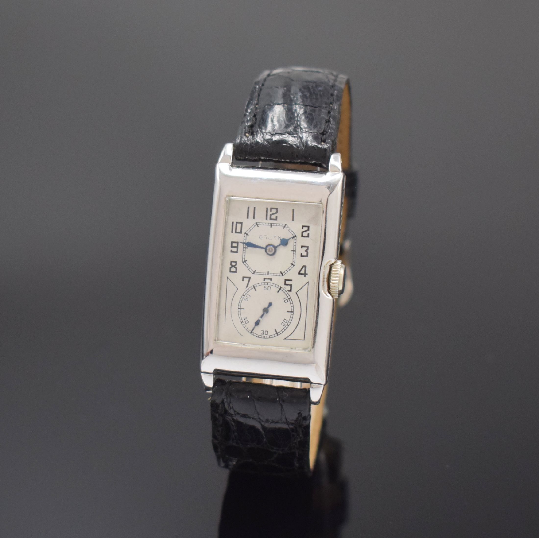 GRUEN Duo-Dial rechteckige Armbanduhr 14k WG- filled, Schweiz / USA um 1935, Handaufzug, 2-tlg. Geh. m. grav. Rand, Boden aufgedr., silb. Zifferbl. ...