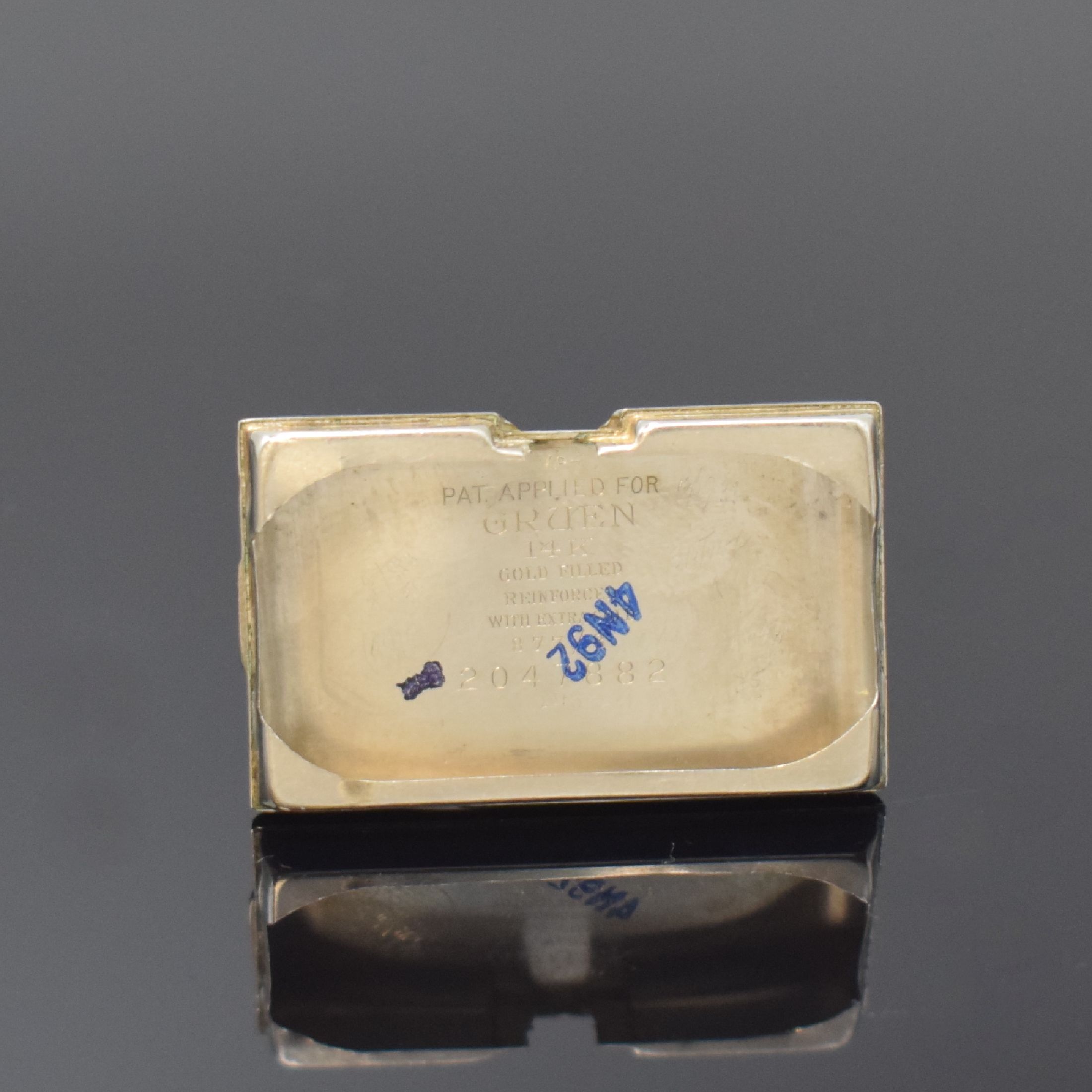 Detail e: GRUEN Duo-Dial rechteckige Armbanduhr 14k WG- filled, Schweiz / USA um 1935, Handaufzug, 2-tlg. Geh. m. grav. Rand, Boden aufgedr., silb. Zifferbl. ...