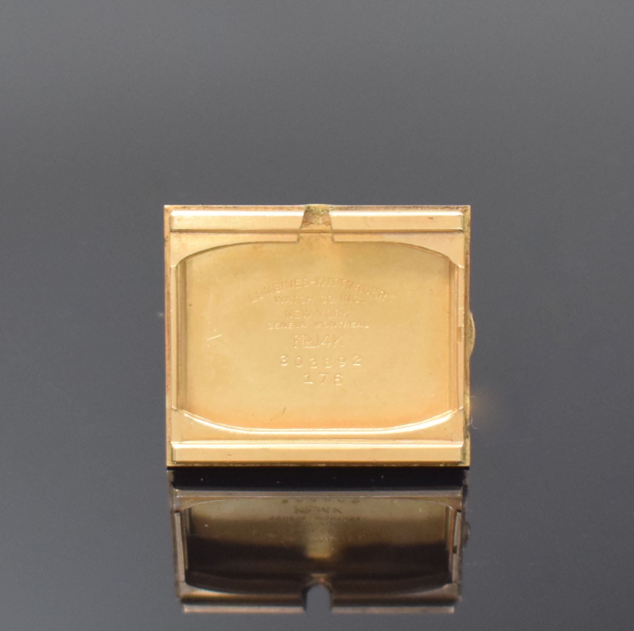 Detail d: LONGINES / GRUEN 2 rechteckige goldfilled Armbanduhren, Schweiz / USA um 1955 / 1945, Handaufzug, 2-tlg. Geh., Böden (Monogramm- Grav.) aufgedr., ...