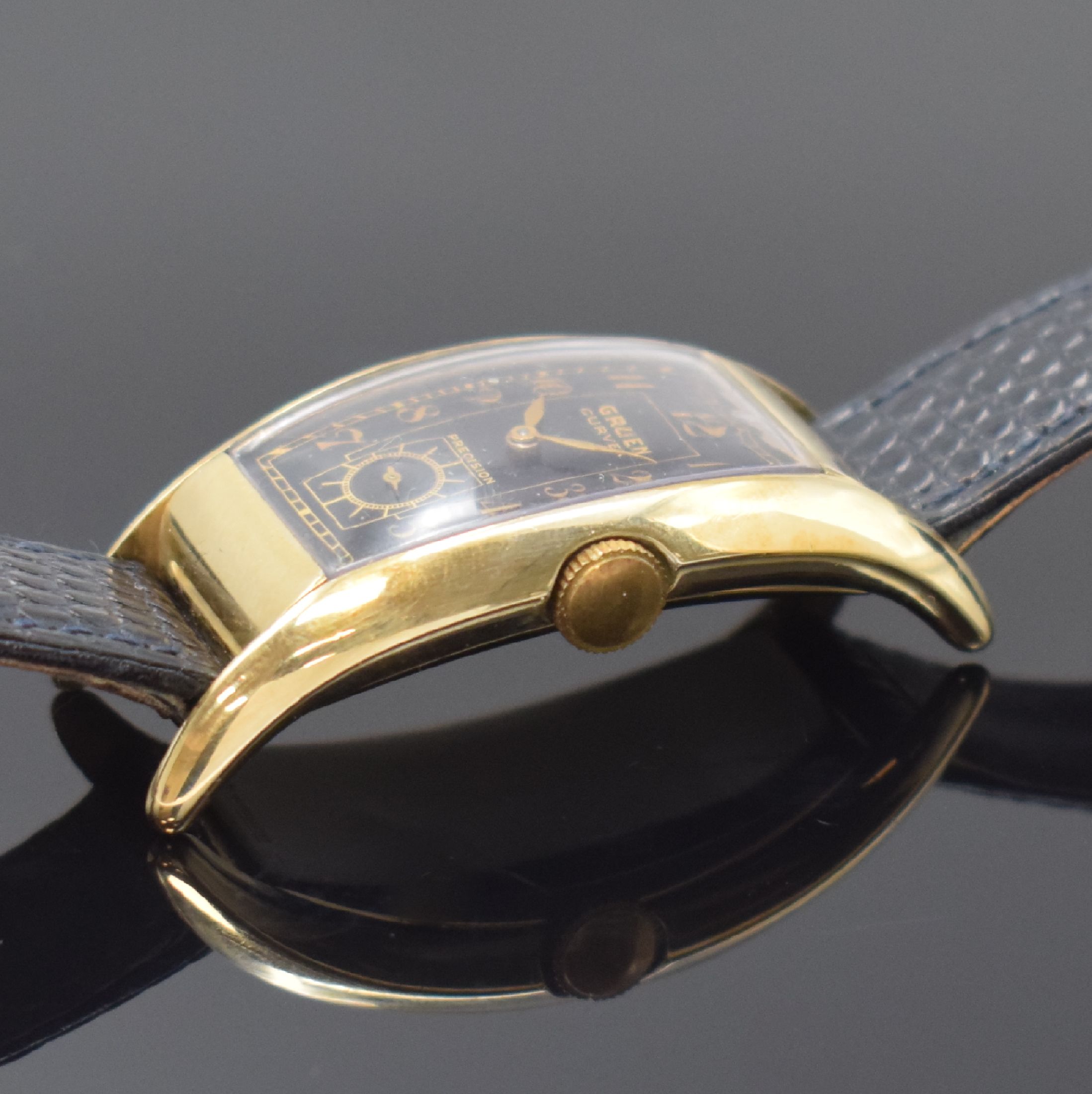 Detail b: GRUEN Curvex Precision rechteckige Armbanduhr Referenz 311 271 in 14k-goldfilled, Schweiz / USA um 1945, Handaufzug, stark gebogenes 2- tlg. Geh., ...