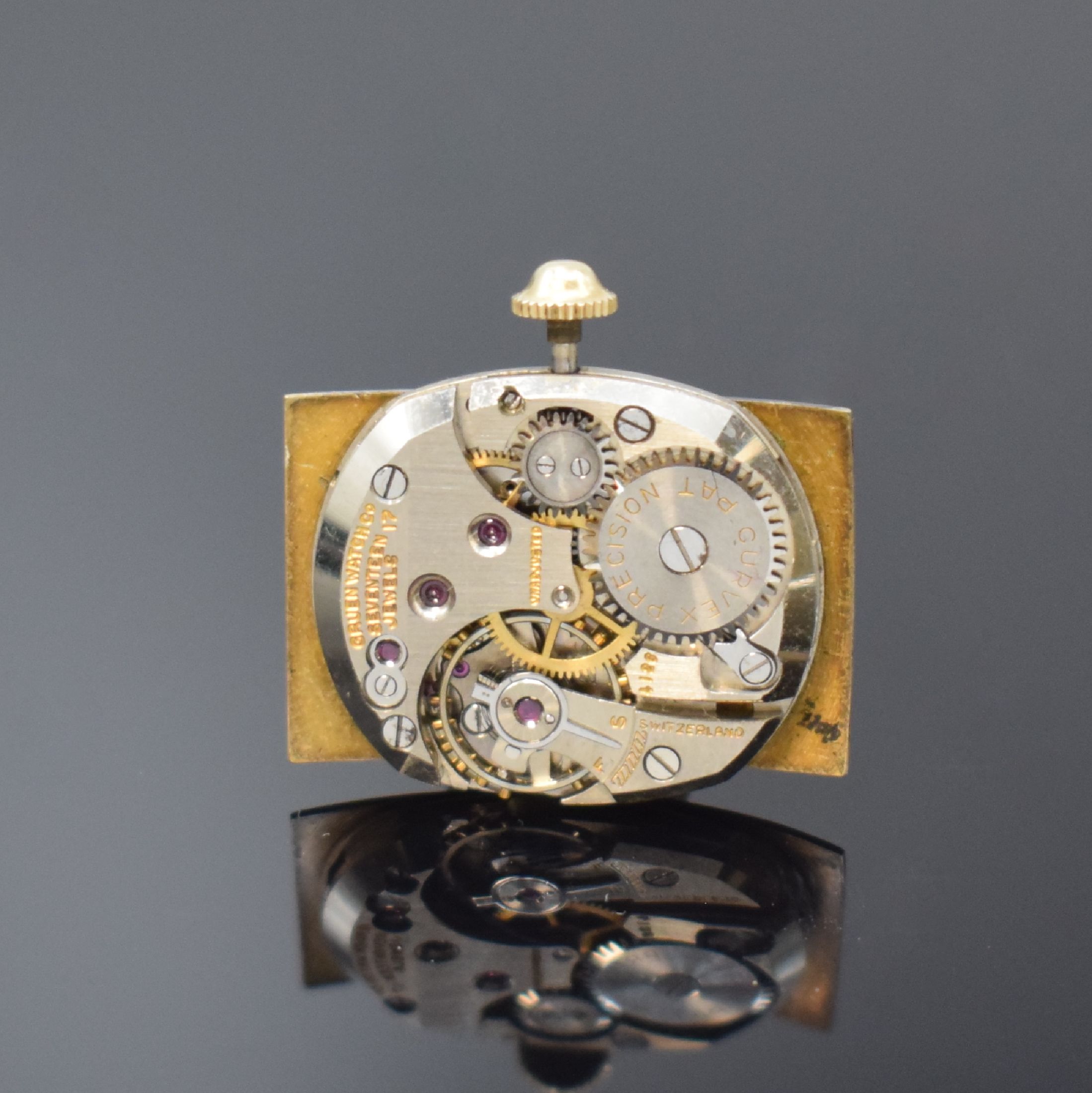 Detail f: GRUEN Curvex Precision 2 rechteckige Armbanduhren in 10k goldfilled, Schweiz / USA um 1945, Handaufzug, 2-tlg. Geh. Ref. 440 -448 u. 440-449, Böden ...