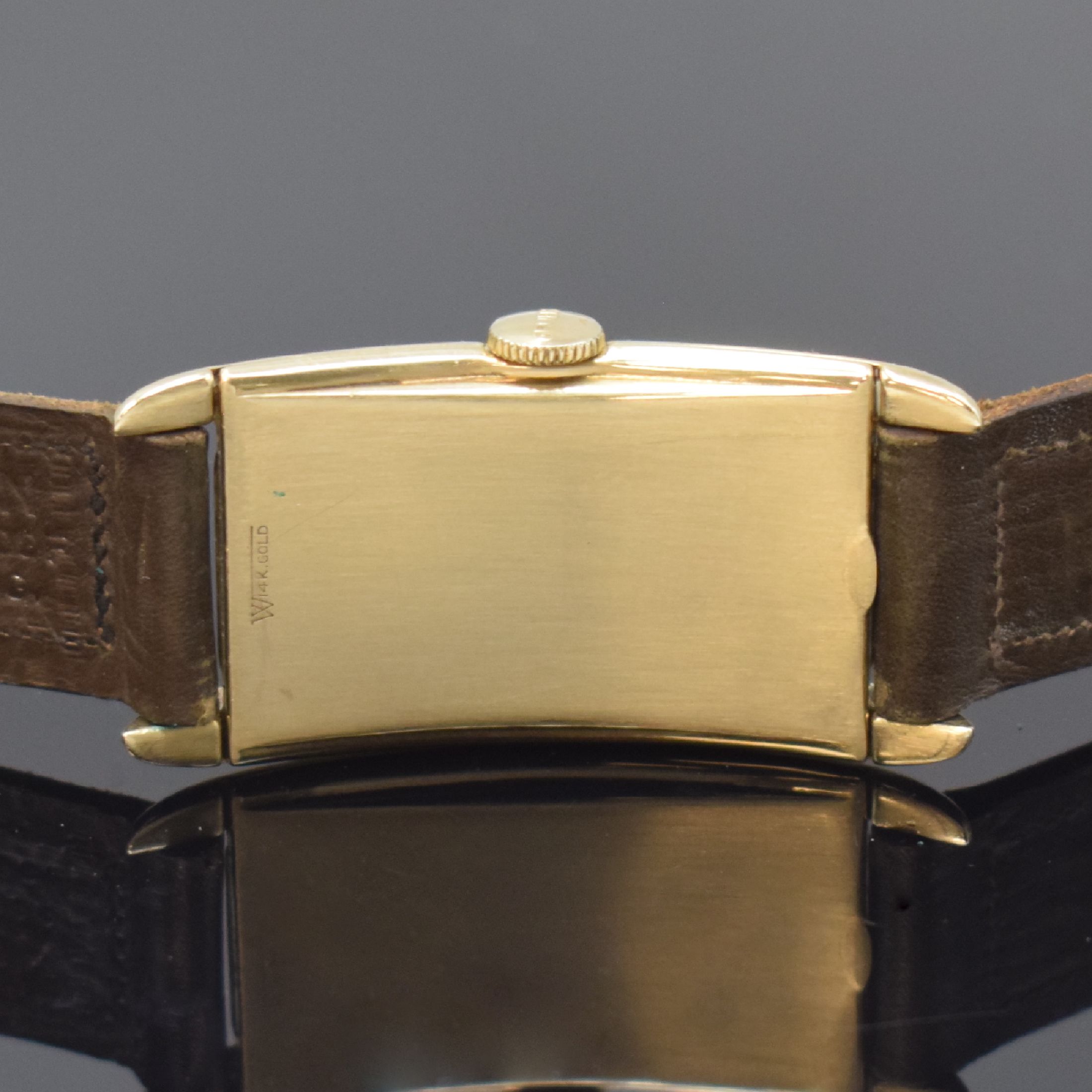 Detail c: GRUEN Precision rechteckige Armbanduhr in 14k Gelbgold, Schweiz / USA um 1940, Handaufzug, 2-tlg. Geh., gestufte Seiten, Boden aufgedr., silb. ...