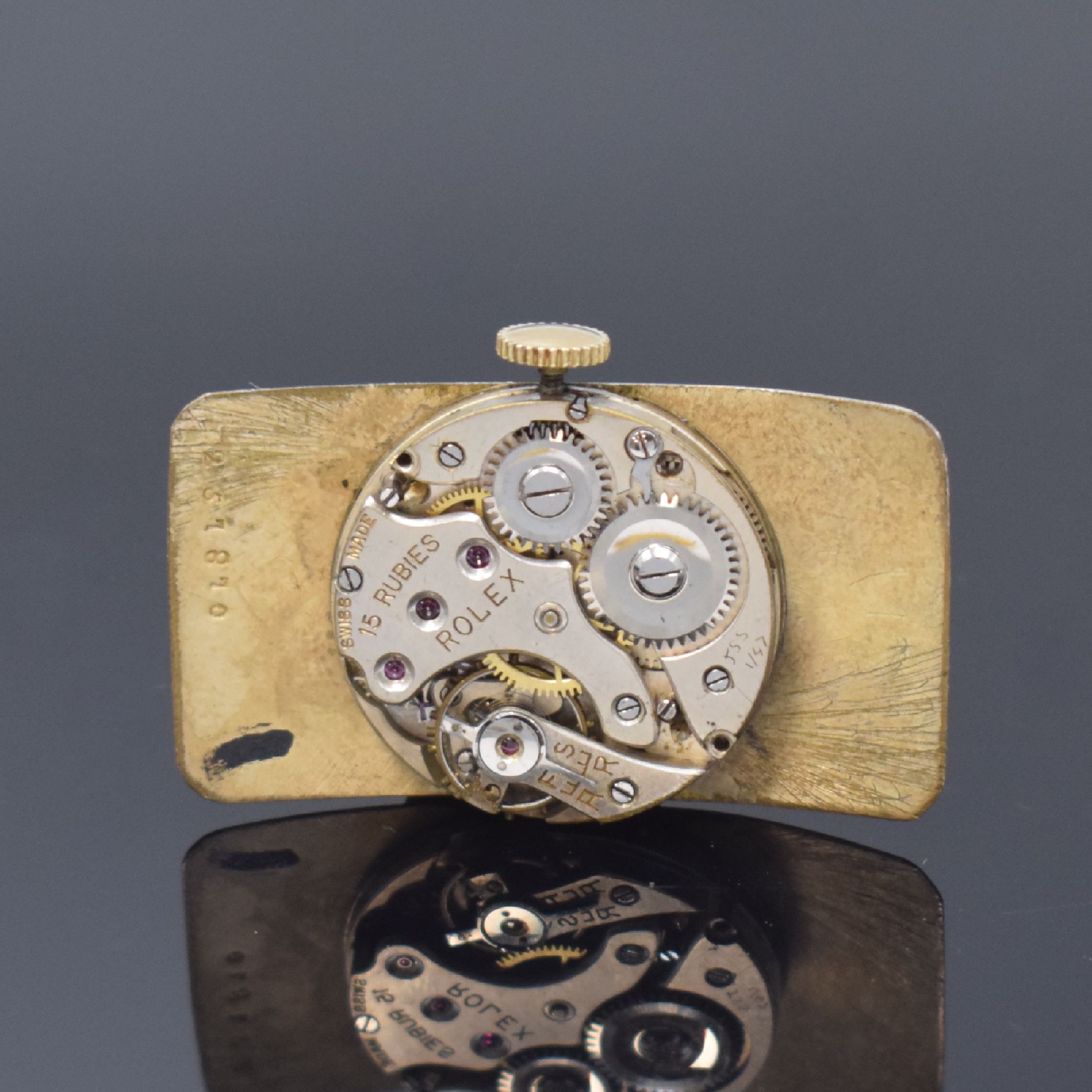 Detail e: ROLEX große rechteckige Armbanduhr in GG 750/000, Schweiz / England um 1920, Handaufzug, 2-tlg. Geh. m. geschweiften Seiten, Boden m. London ...