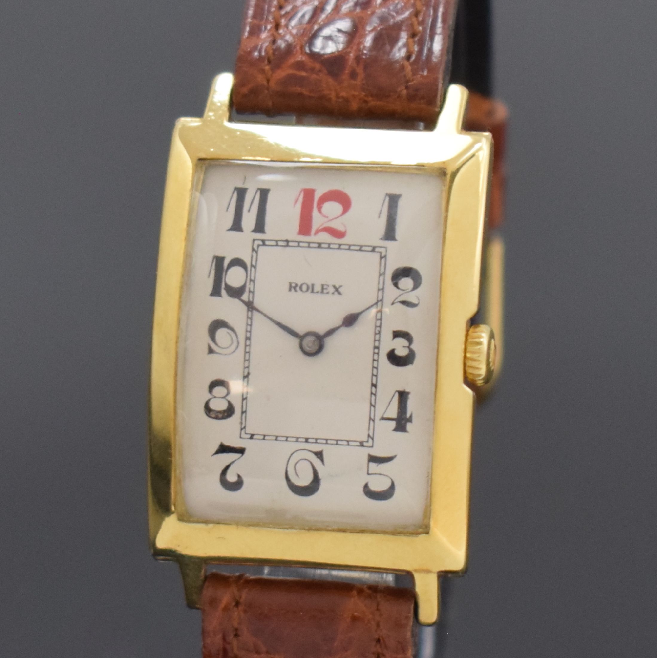 Detail a: ROLEX rechteckige Armbanduhr in 9k Gelbgold, Schweiz für England um 1930, Handaufzug, gebogenes Scharniergeh., London Import-Stempel v. 1929, silb. ...
