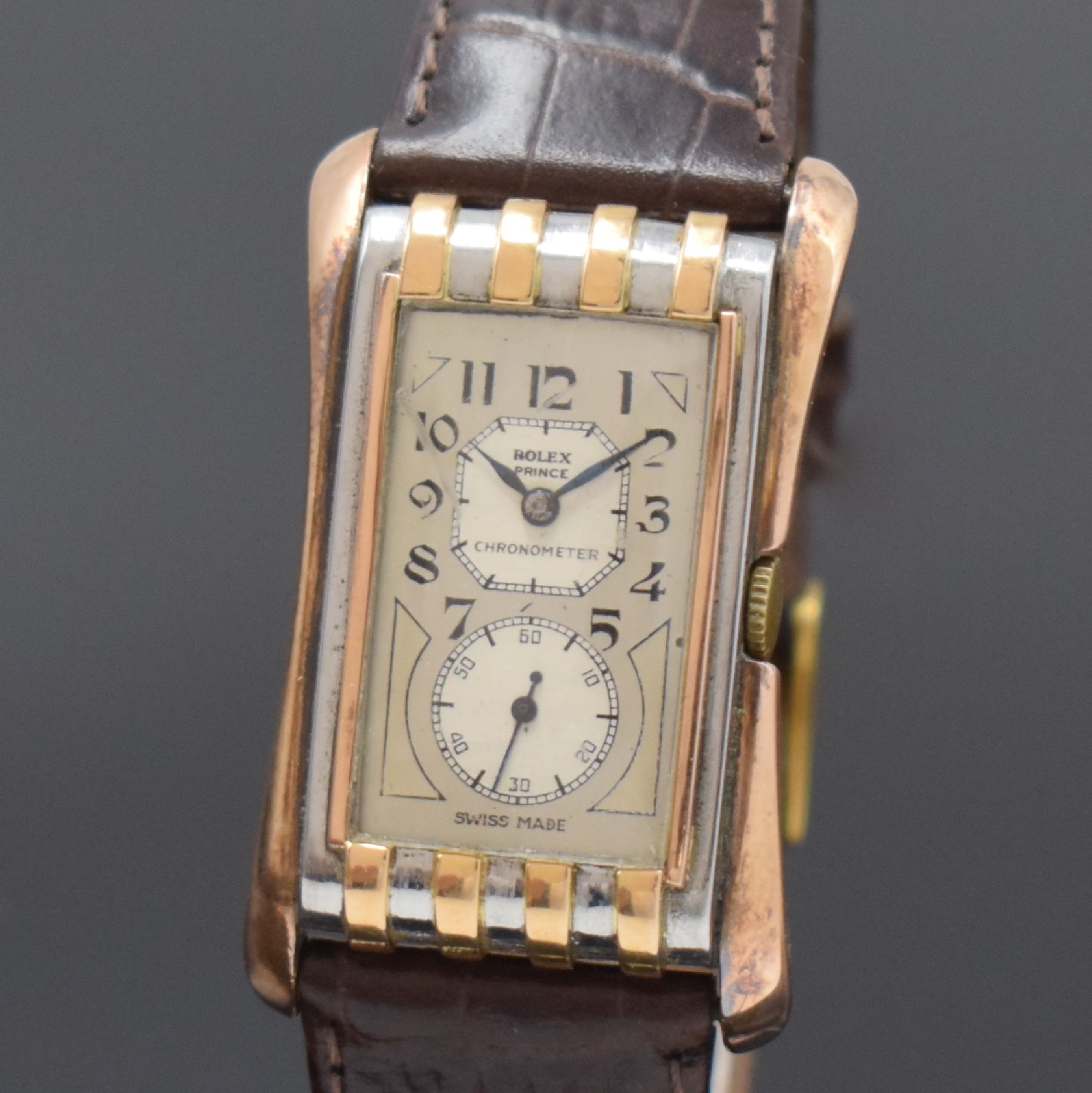 Detail a: ROLEX Prince Referenz 1490 rechteckige Armbanduhr in Stahl/Rotgold, Schweiz um 1935, Handaufzug, 2-tlg. Geh. m. geschweiften Rotgold-Seiten, aufges. ...