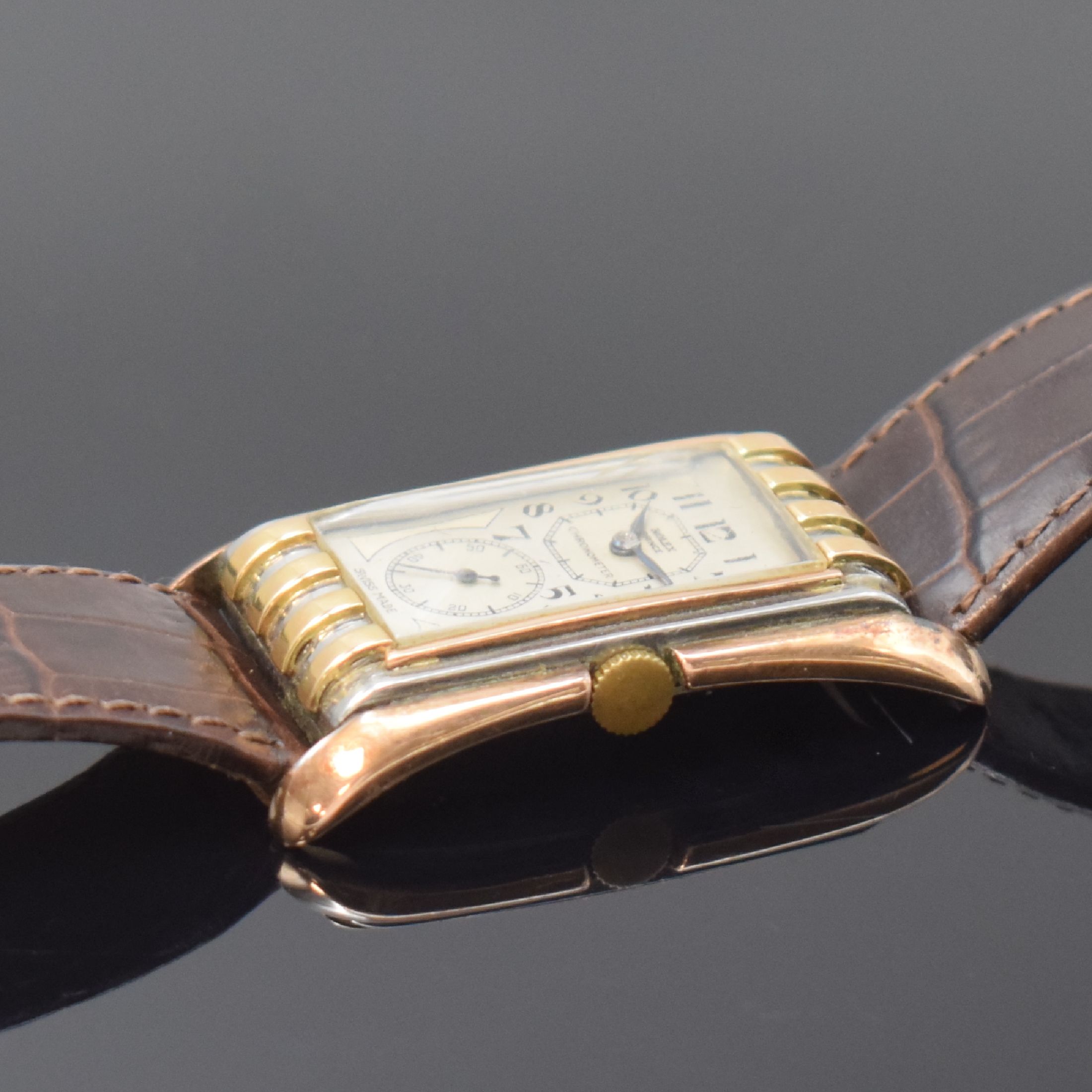 Detail c: ROLEX Prince Referenz 1490 rechteckige Armbanduhr in Stahl/Rotgold, Schweiz um 1935, Handaufzug, 2-tlg. Geh. m. geschweiften Rotgold-Seiten, aufges. ...