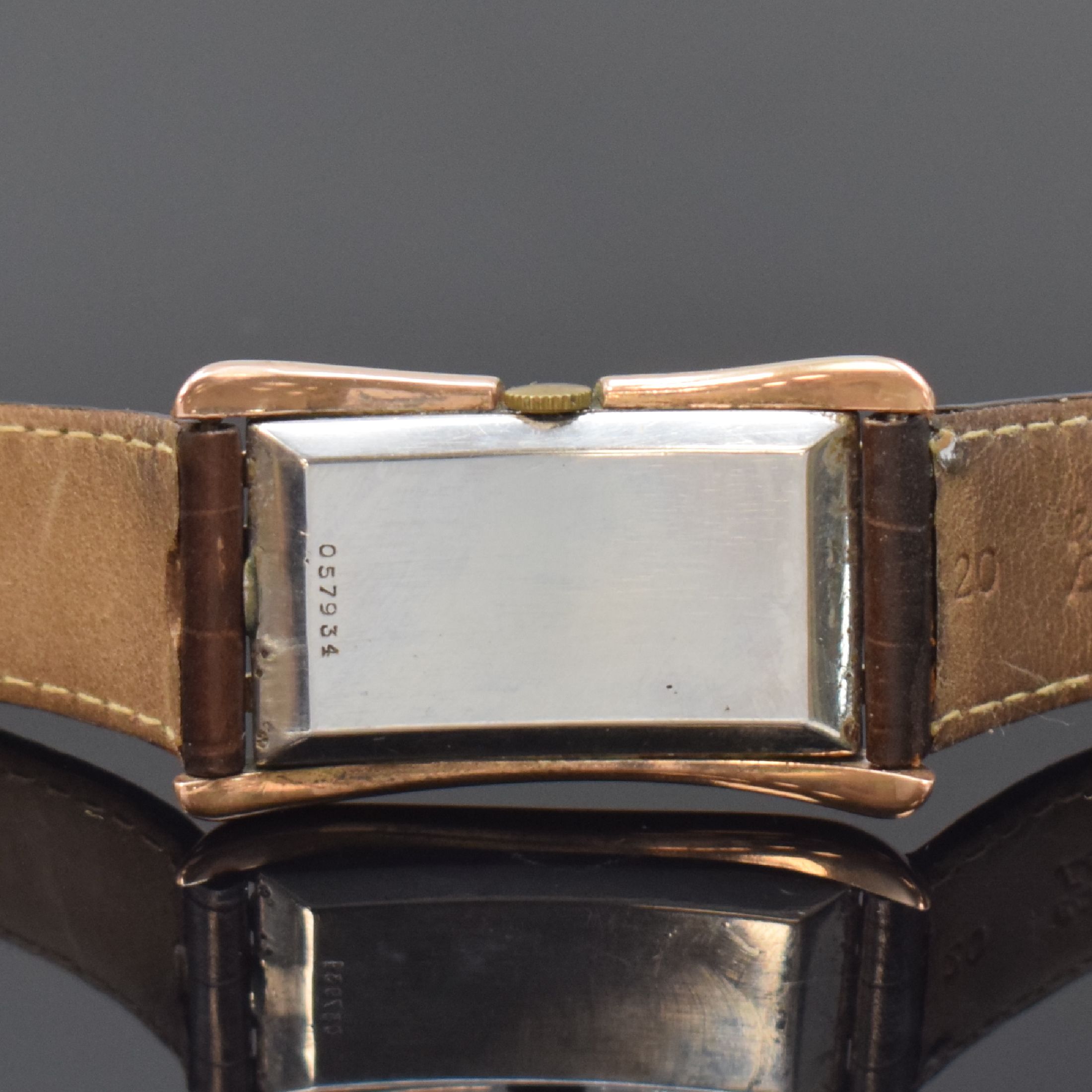Detail d: ROLEX Prince Referenz 1490 rechteckige Armbanduhr in Stahl/Rotgold, Schweiz um 1935, Handaufzug, 2-tlg. Geh. m. geschweiften Rotgold-Seiten, aufges. ...