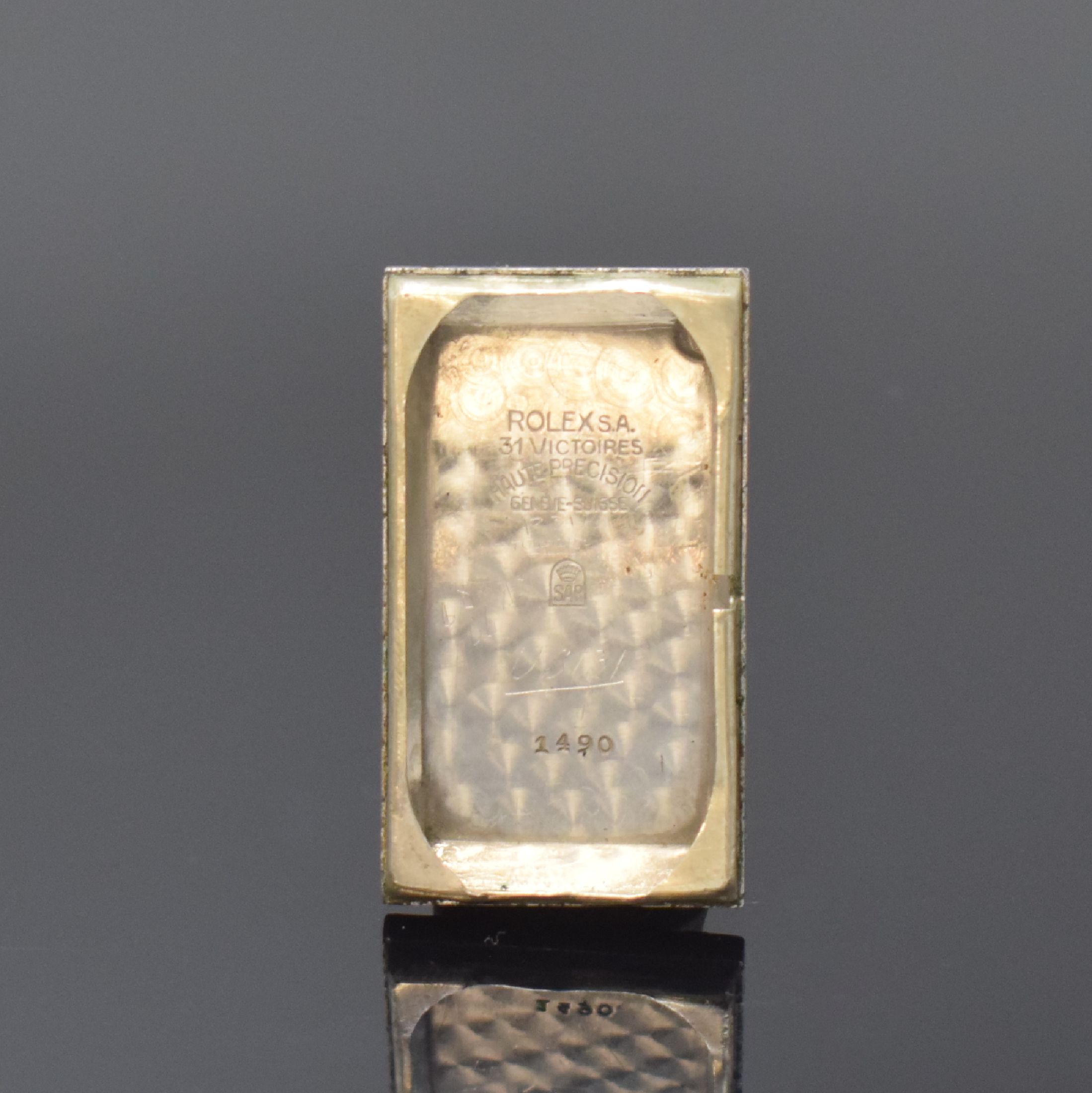 Detail e: ROLEX Prince Referenz 1490 rechteckige Armbanduhr in Stahl/Rotgold, Schweiz um 1935, Handaufzug, 2-tlg. Geh. m. geschweiften Rotgold-Seiten, aufges. ...
