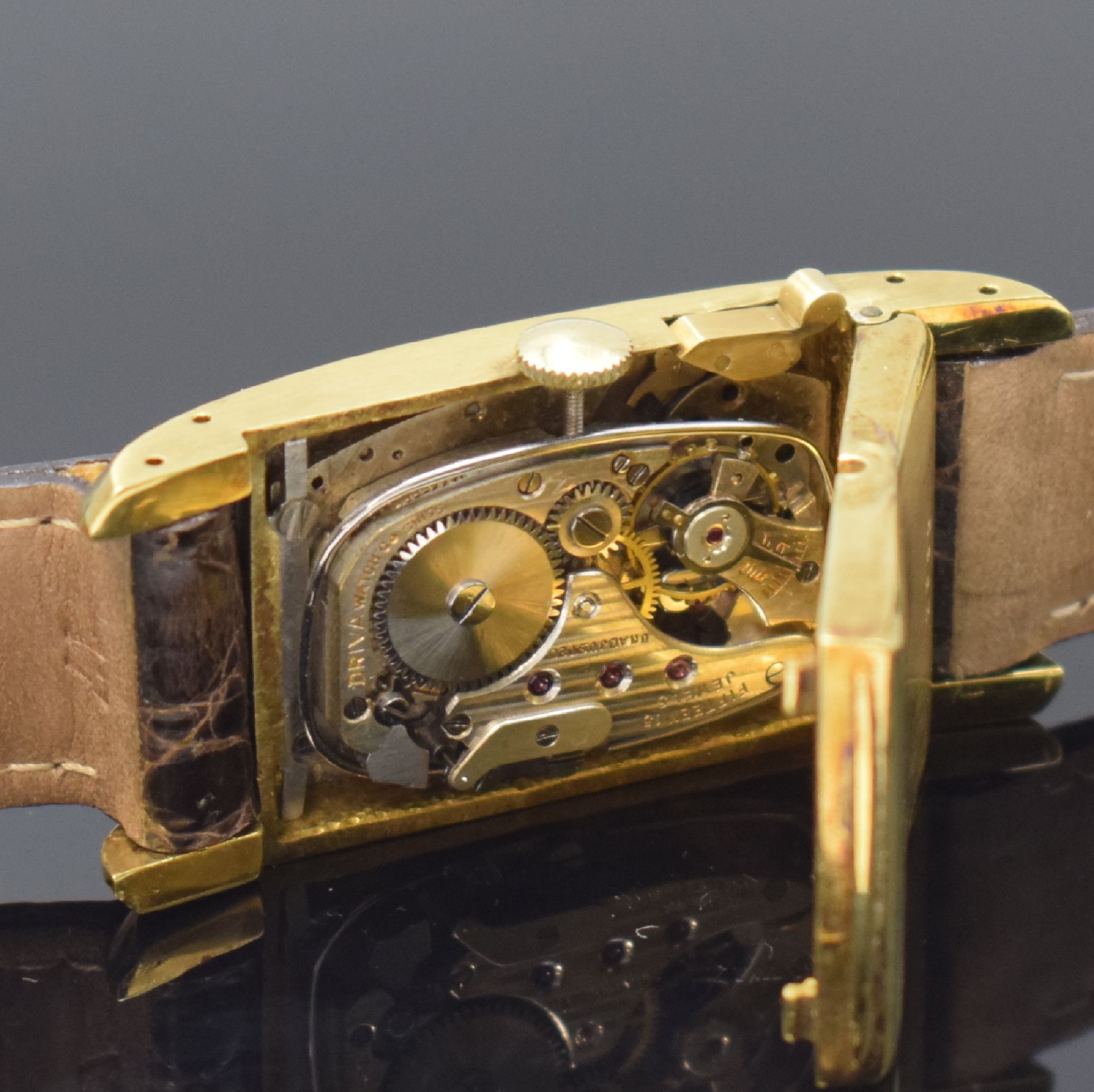 Detail d: DRIVA Repeater seltene rechteckige Armbanduhr mit 1/4-Repetition im späteren GG 750/000 Gehäuse, Handaufzug, schweres Scharniergeh., seitl. ...