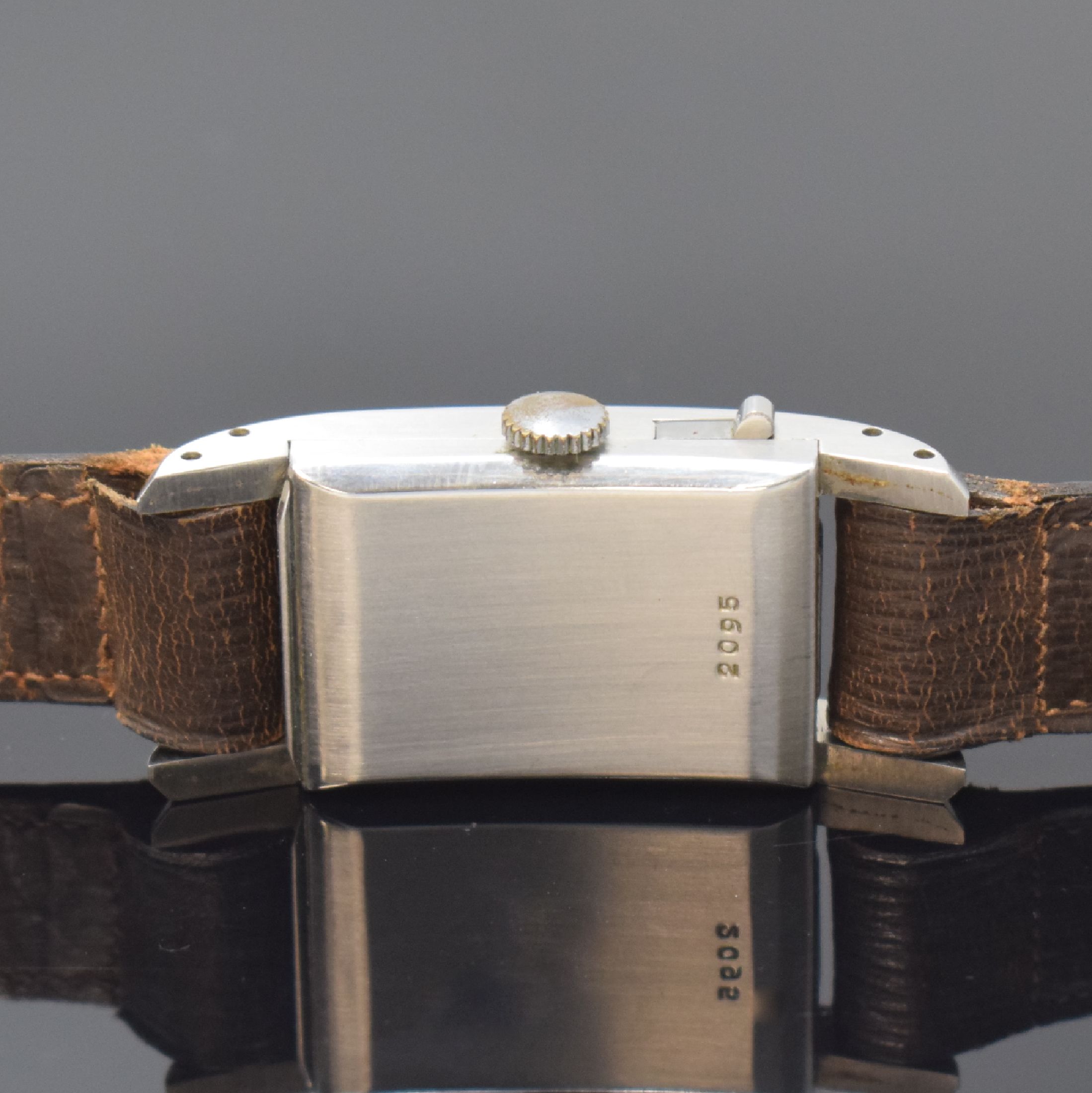 Detail c: DRIVA Repeater sehr seltene rechteckige Armbanduhr mit 1/4-Repetition in Stahl, Schweiz um 1935, Handaufzug, 2-tlg. Geh., Boden aufgedr., seitl. ...