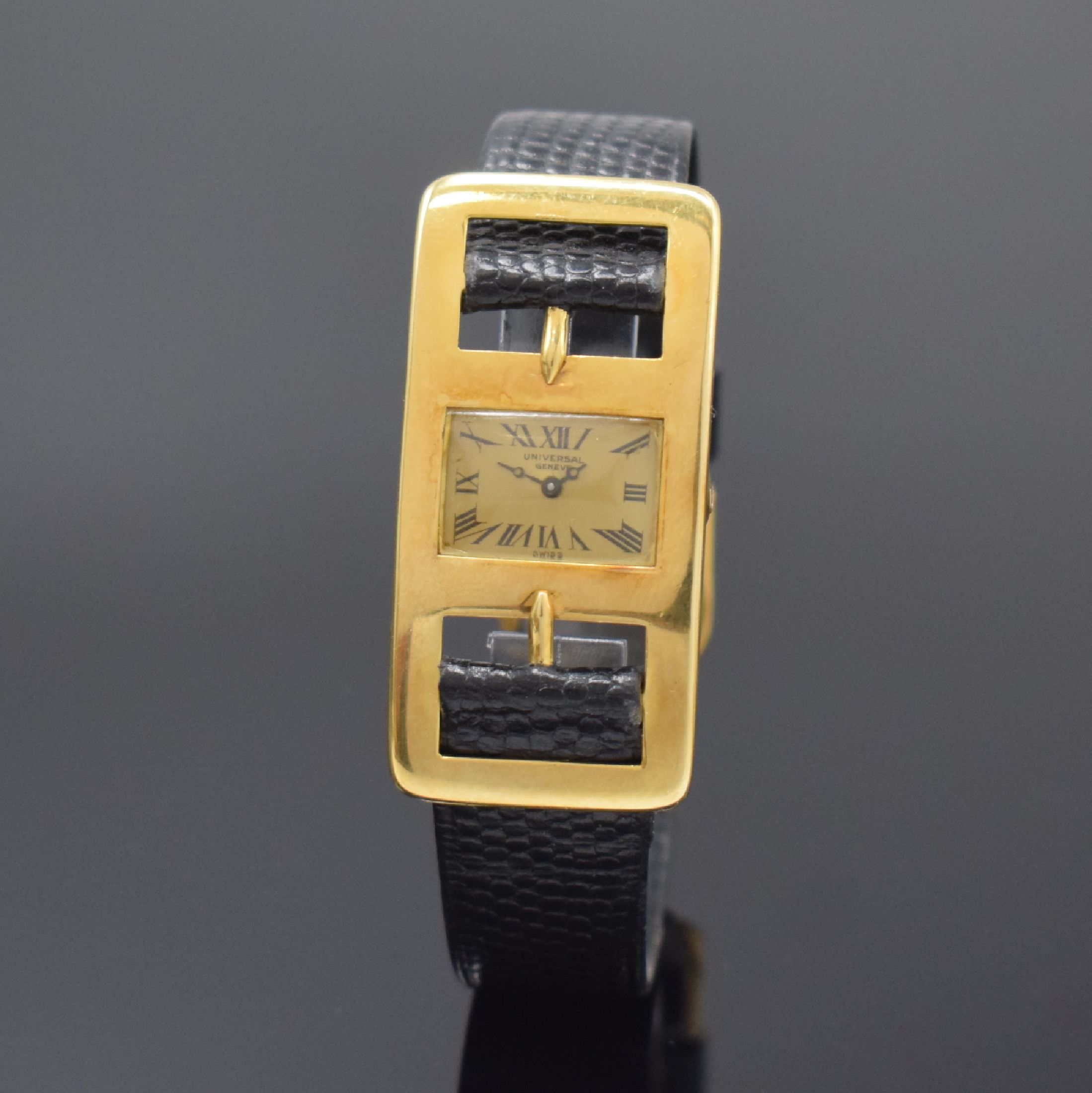 UNIVERSAL GENEVE / ROBERTA DI CAMERINO ausgefallene Design-Armbanduhr in GG 750/000, Schweiz um 1965, Handaufzug, Geh. in Form einer doppelten ...