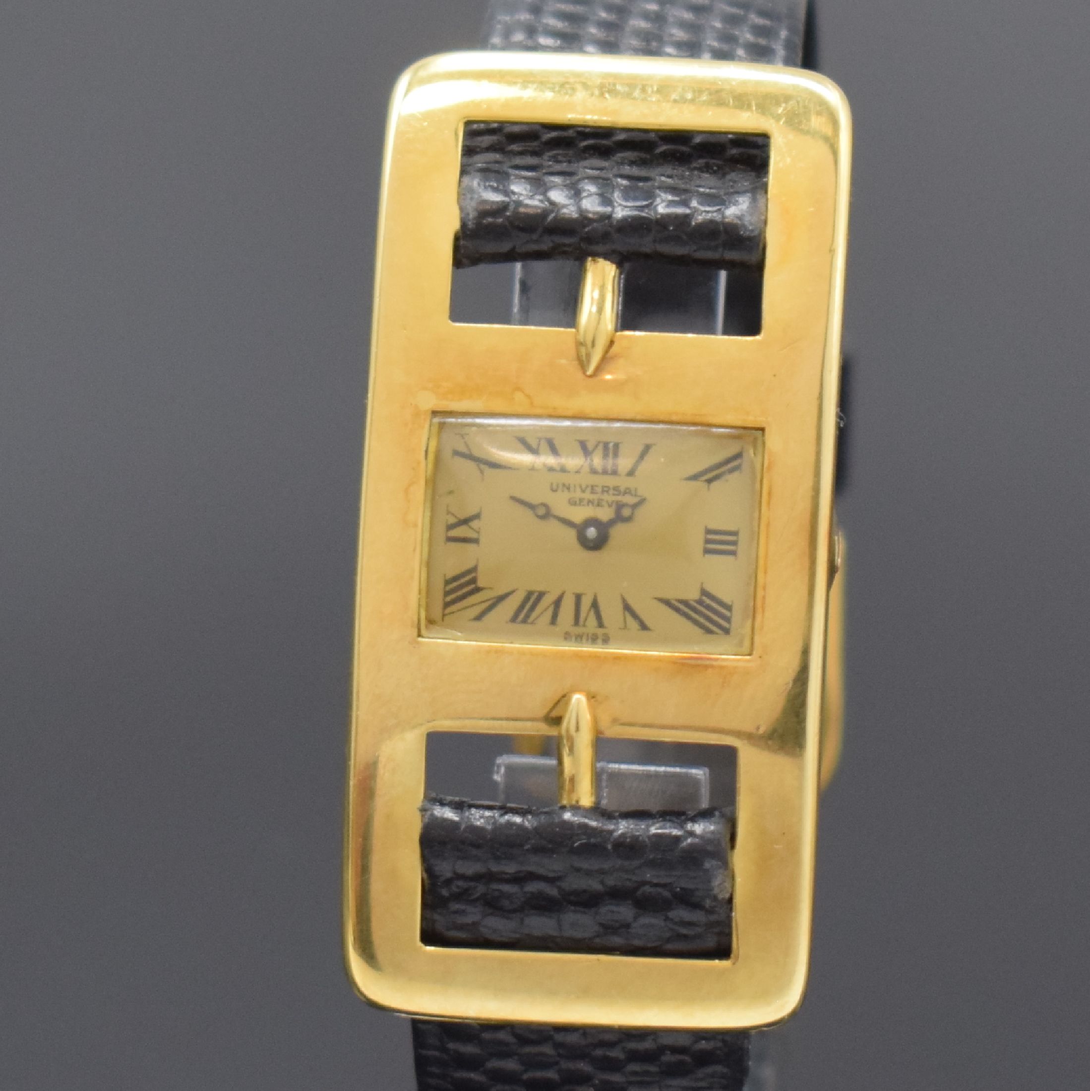 Detail a: UNIVERSAL GENEVE / ROBERTA DI CAMERINO ausgefallene Design-Armbanduhr in GG 750/000, Schweiz um 1965, Handaufzug, Geh. in Form einer doppelten ...