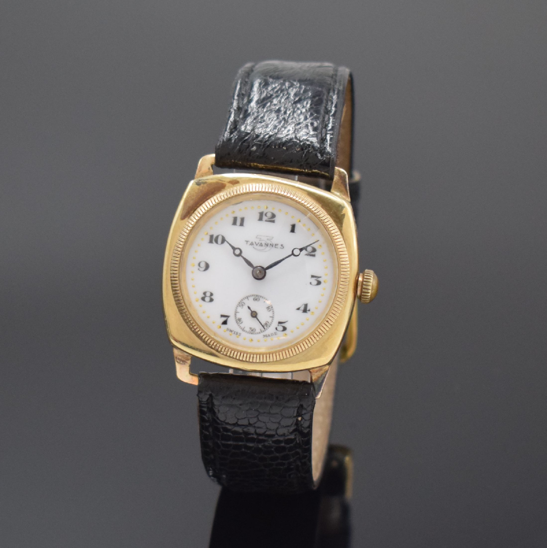 TAVANNES seltene Armbanduhr im GG 375/000 BORGEL-Gehäuse, Schweiz um 1920, Handaufzug,Carré-Cambré-Geh., über Riffel-Lünette verschr., ...
