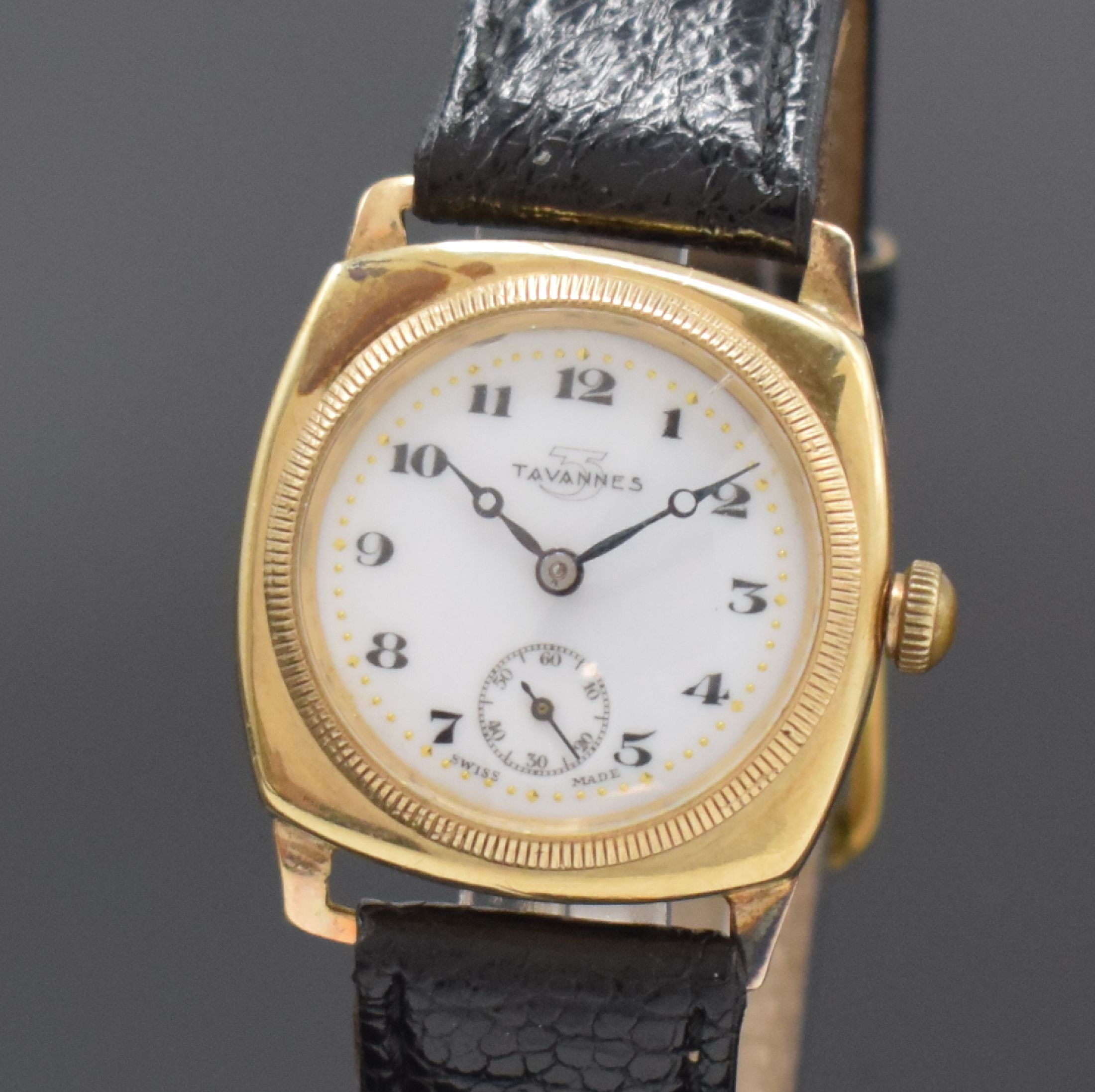 Detail a: TAVANNES seltene Armbanduhr im GG 375/000 BORGEL-Gehäuse, Schweiz um 1920, Handaufzug,Carré-Cambré-Geh., über Riffel-Lünette verschr., ...