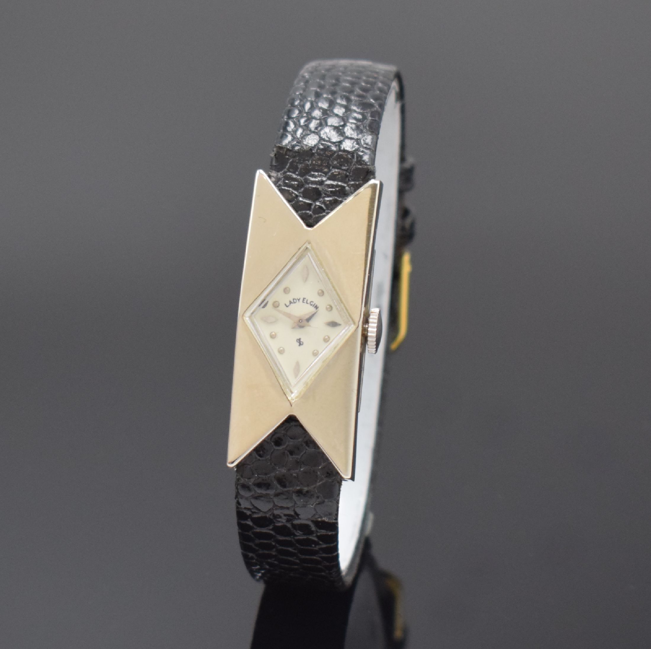 LORD ELGIN ausgefallene rechteckige Damenarmbanduhr in WG 585/000k, USA um 1955, Handaufzug, 2-tlg. Geh. m. rautenförmigem Ausschnitt f. das ...