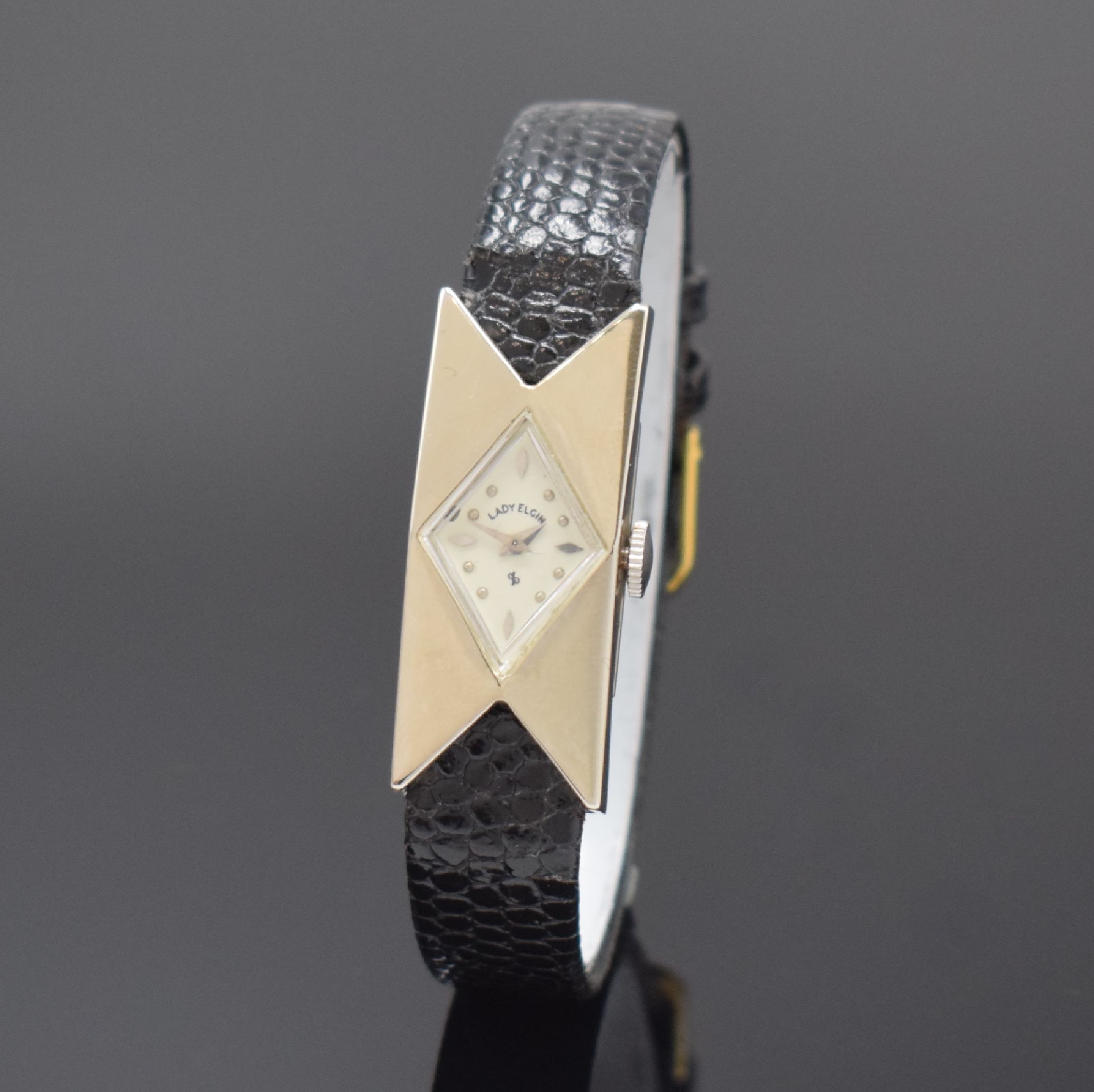 Detail a: LORD ELGIN ausgefallene rechteckige Damenarmbanduhr in WG 585/000k, USA um 1955, Handaufzug, 2-tlg. Geh. m. rautenförmigem Ausschnitt f. das ...