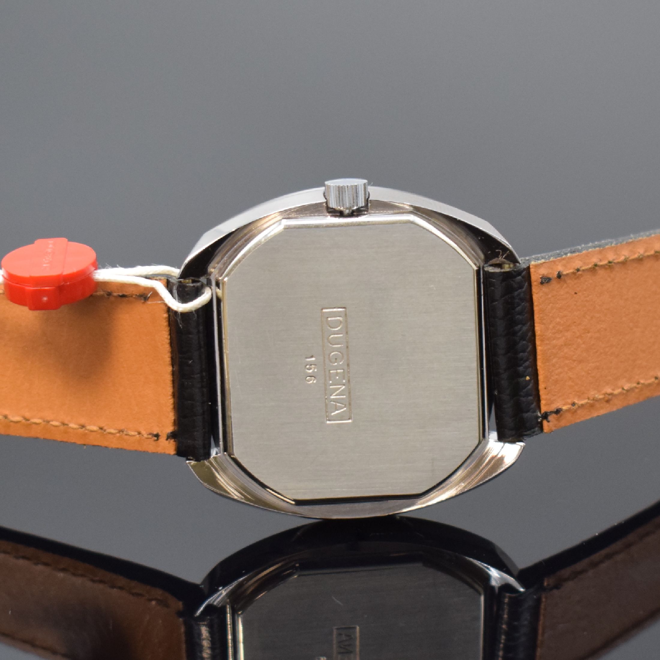 Detail f: DUGENA 5 Armbanduhren aus Lagerbestand, Schweiz um 1970, Handaufzug, 4 verchromte u. 1 Stahlgeh. m. aufgedr. Stahlboden, Gläser teilw. besch., ...